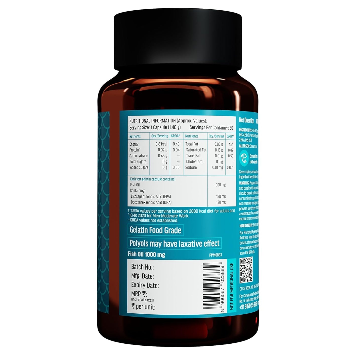 HealthKart HK Vitals Fish Oil For Men And Women (60 Capsules) | 1000mg Omega 3 with 180mg EPA & 120mg DHA | For Brain, Heart, Eyes, and Joints Health