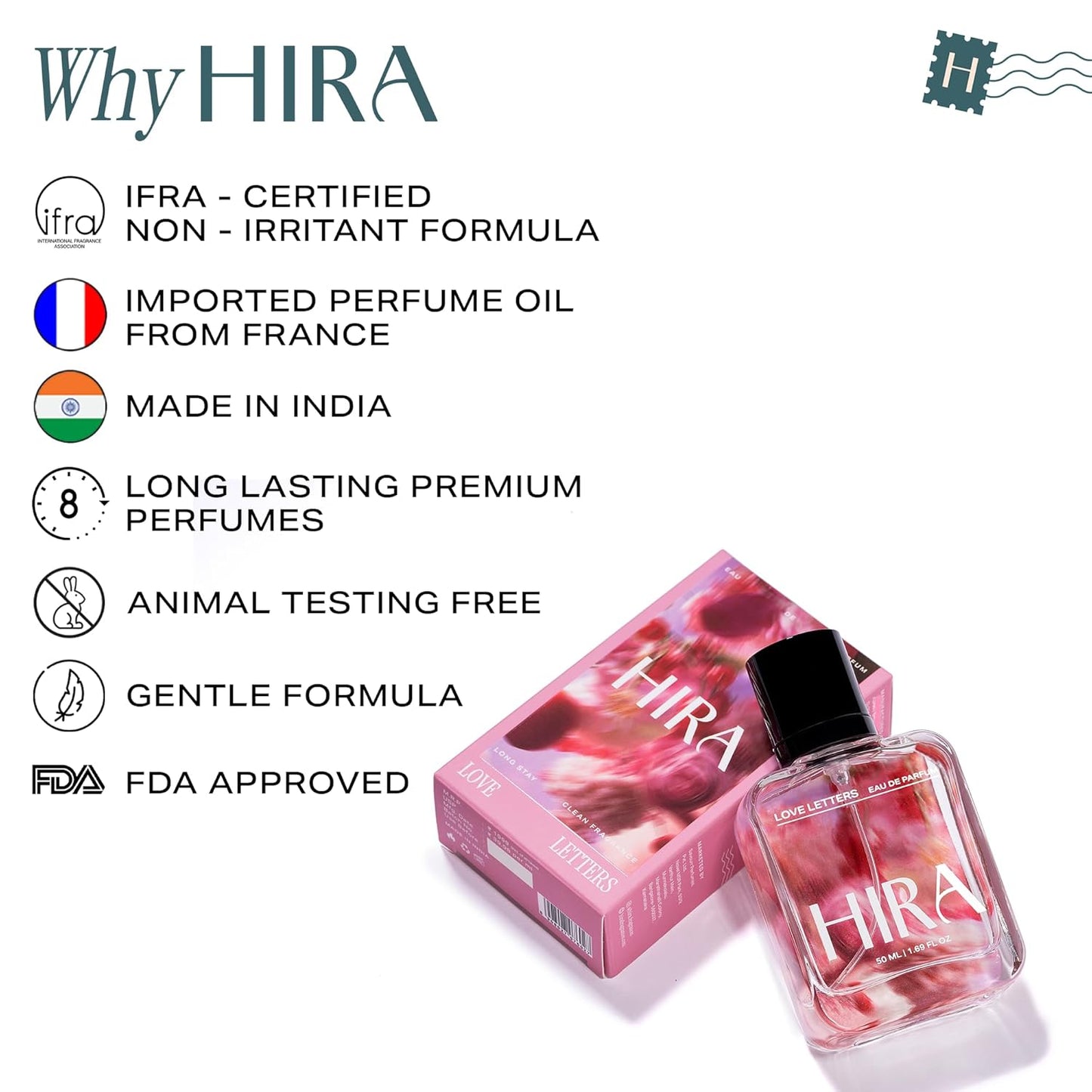HIRA perfume bottle and packaging with certification details on a white background