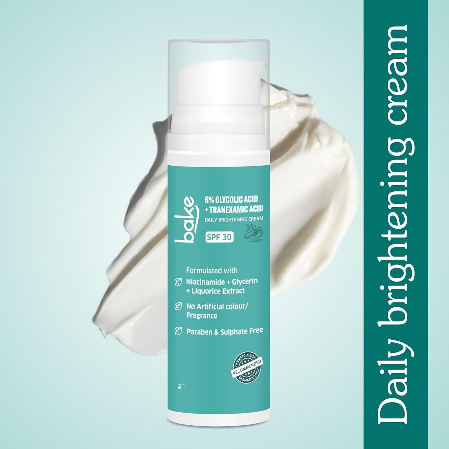 BAKE 6% Glycolic Acid Cream with Niacinamide for Pigmentation, Dark Spots & Tan Removal | Daily Brightening Cream | Improves Uneven Skin Tone & Reduces Sun Damage | For Men & Women | 30g