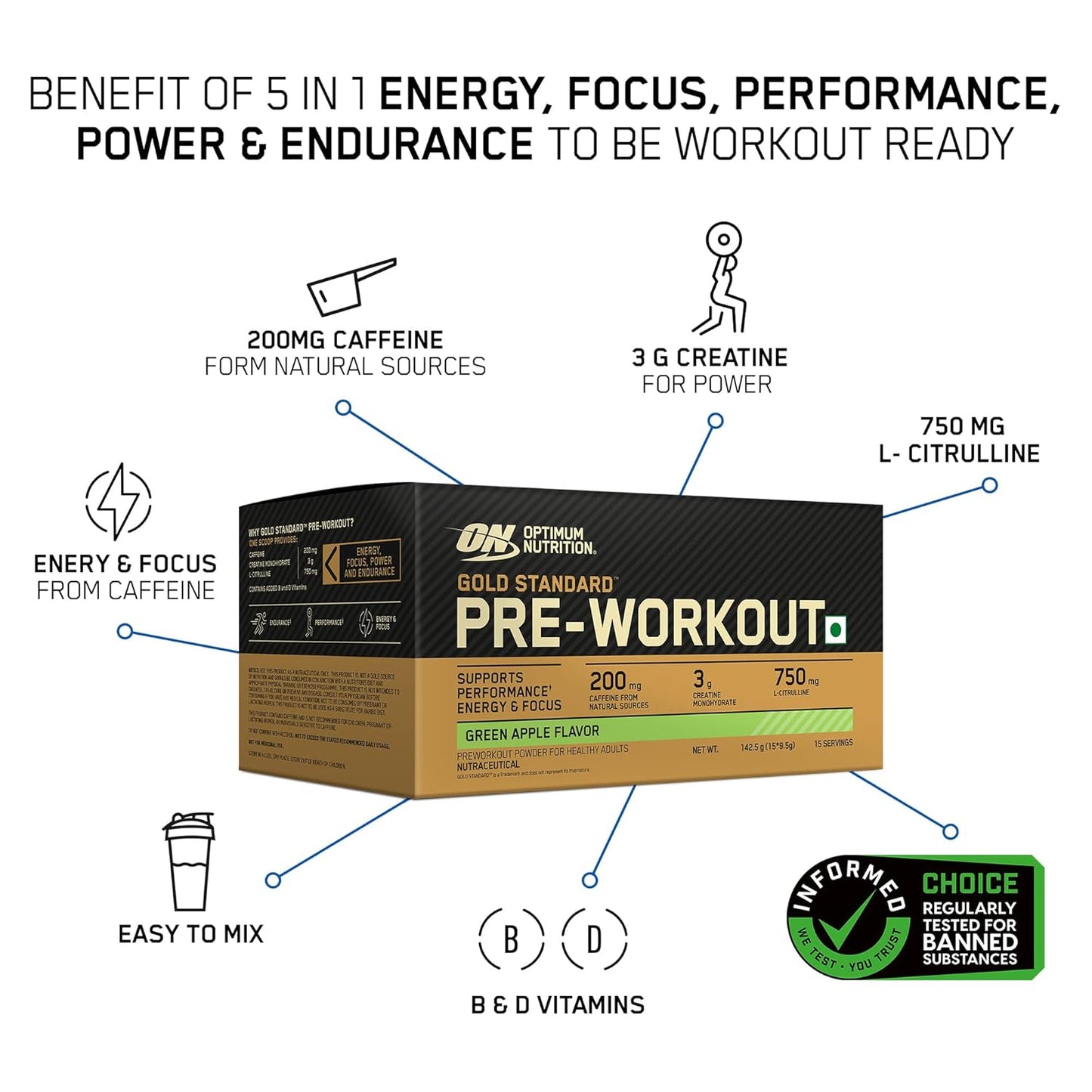 Optimum Nutrition (ON) Gold Standard Pre-Workout- 142.5g/15 single serve packs, For Energy, Focus, Power, Endurance & Performance