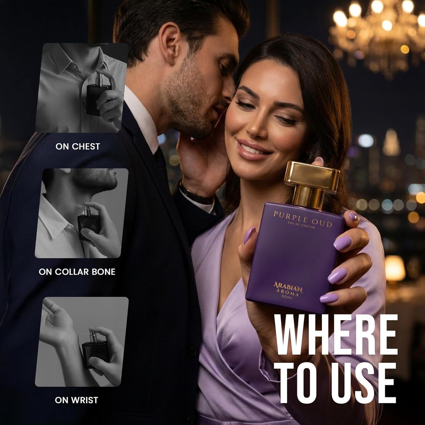Couple holding a perfume bottle with application instructions on a dark background