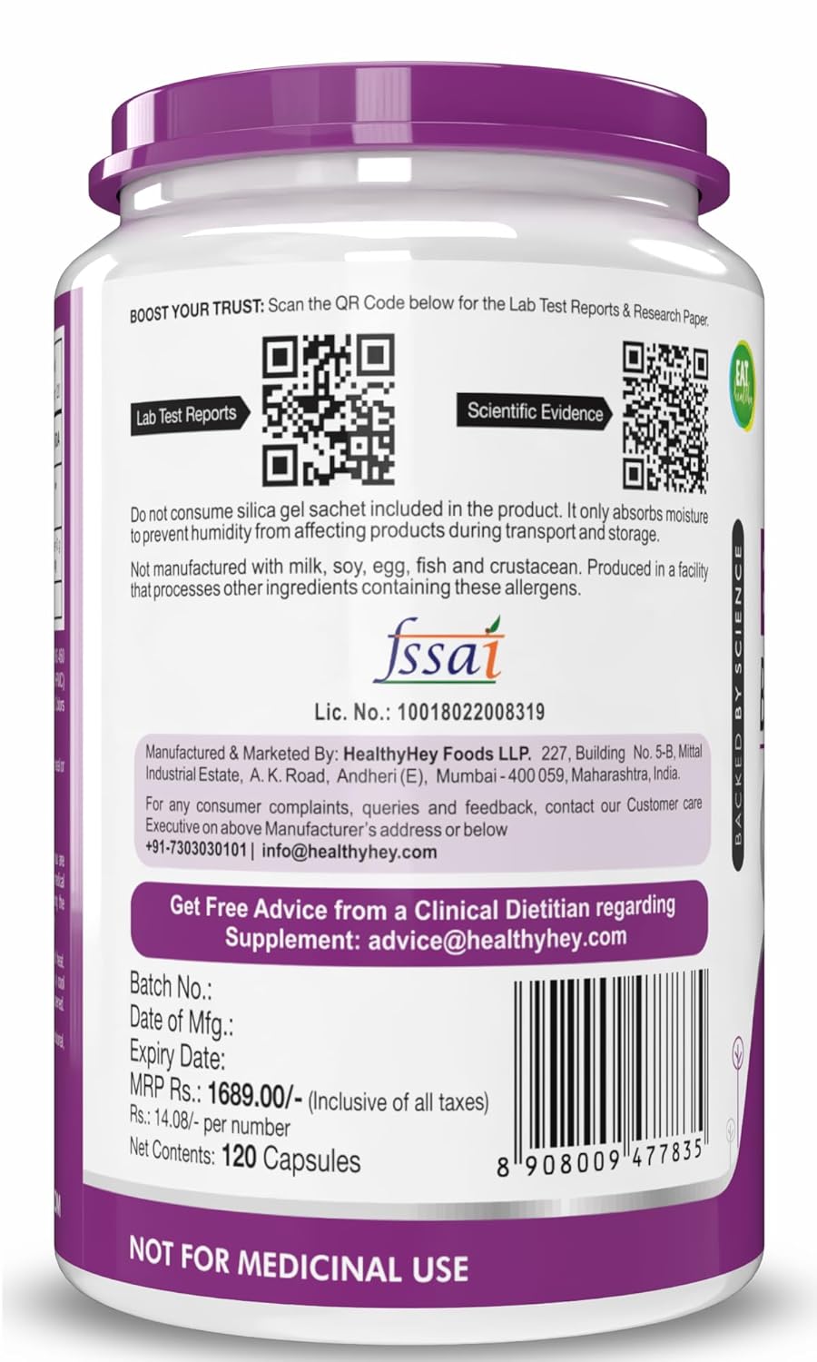 Supplement container with purple lid and white label displaying text and a QR code.