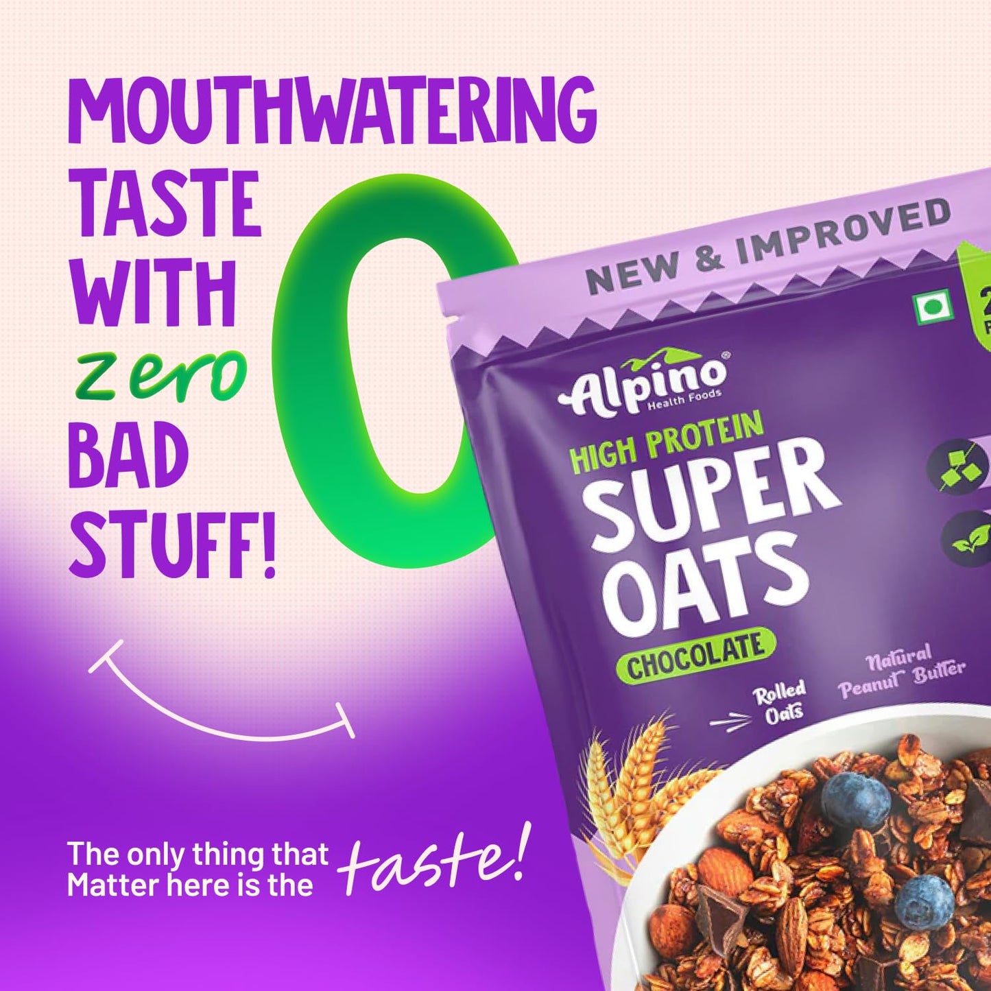 ALPINO 22% High Protein Super Oats Chocolate 400g – Rolled Oats, Natural Peanut Butter, Cocoa Powder, Nuts & Seeds – 22g Protein, Source of Dietary Fibre & Healthy Fats, No Added Sugar & Salt