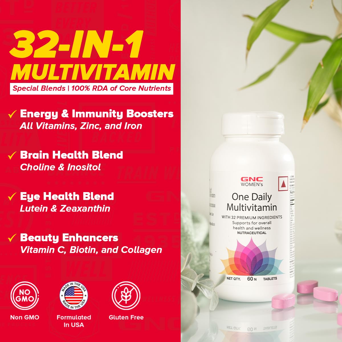 Zephivo GNC Women's One Daily Multivitamin | 60 Tablets | 32 Rich Ingredients with Vitamin C & More | Enhances Immunity | Boosts Energy Levels | Supports Memory | Protects Vision | Formulated In USA