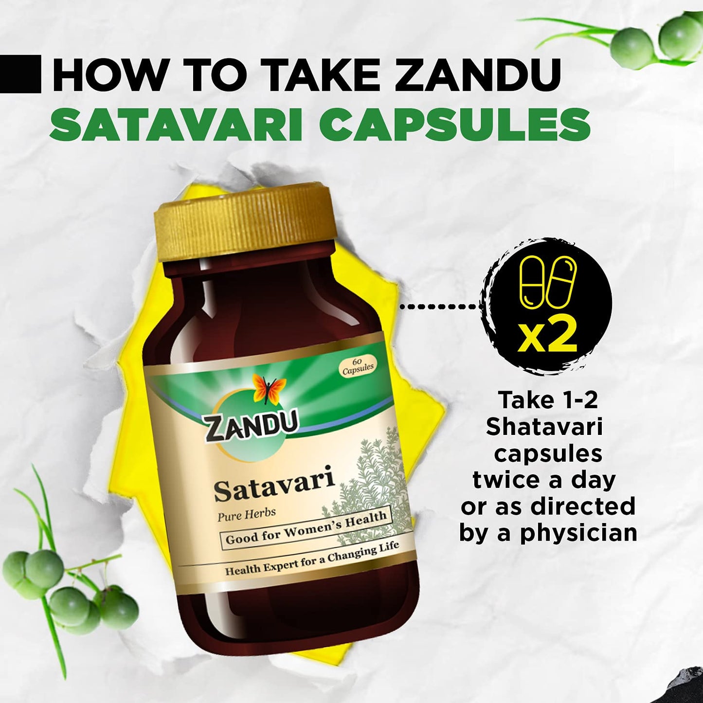 Zandu Satavari Capsules, With Natural Satavari Extracts, Useful for Women's Wellness - 60 Veg Capsules
