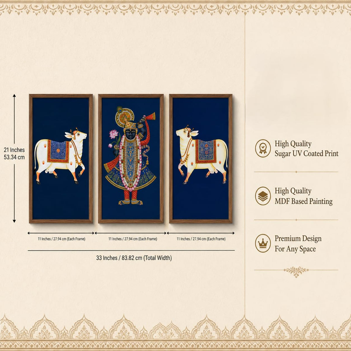 Set of 3 Shrinathji Cow Pichwai Wall Paintings with Sparkle Laminate, Premium Wooden Synthetic Frame, Krishna Religious Art for Living Room Pooja Decor