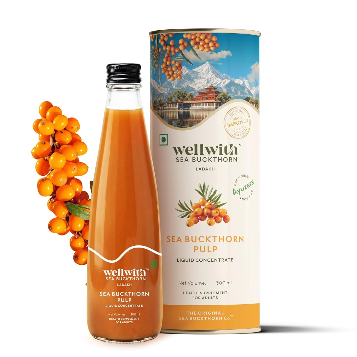 Wellwith by Ayuzera Himalayan Sea Buckthorn Pulp 300ml | Cold Pressed Superfood Pulp | Natural Source of Vitamin C, Omega 3 6 7 9 & Antioxidants | Immunity Booster for Skin & Gut Health