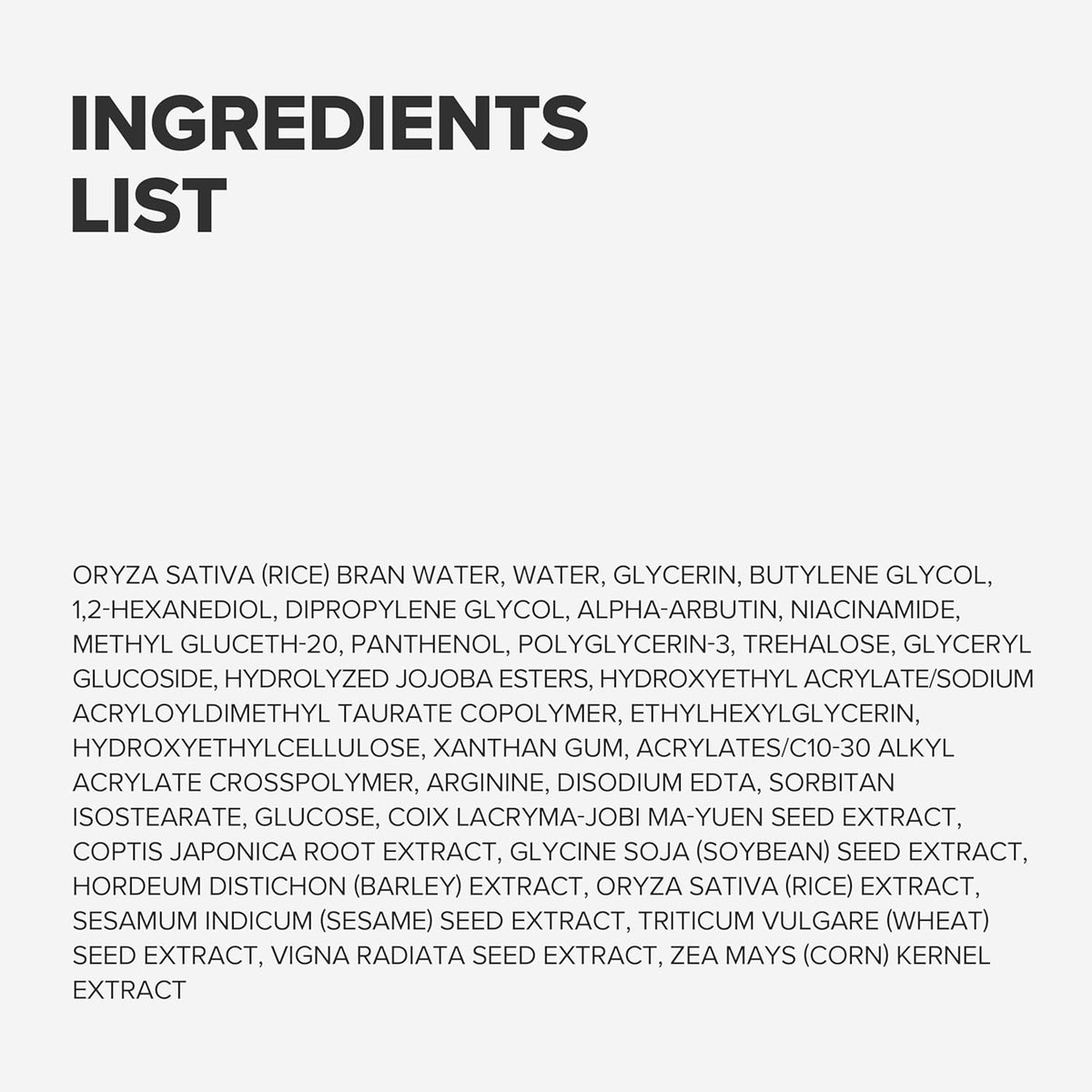 Ingredients list on a white background
