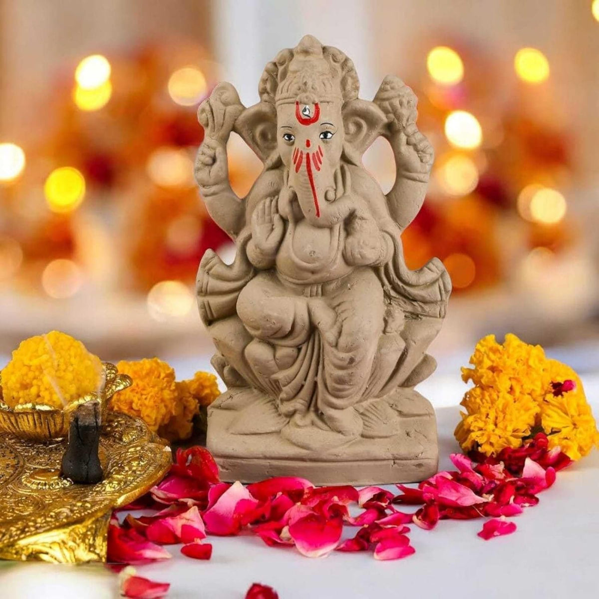 6 Inch Mitti Ganesh Idol Eco Friendly Handcrafted Clay Ganpati Murti for Visarjan Biodegradable Ganesha Statue for Ganesh Chaturthi Pooja Traditional Lotus Ganesh