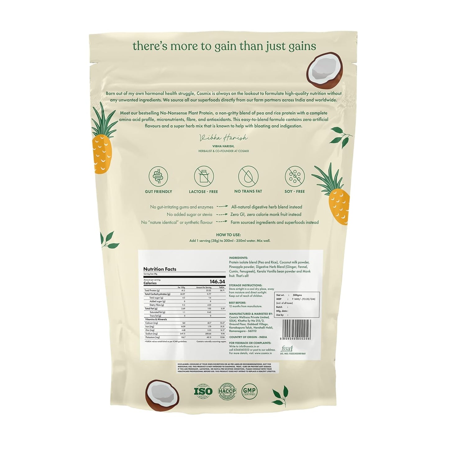 Cosmix No-Nonsense Plant Protein | 23 Protein/Serve, 1Kg Pouch | Pina Colada | Plant Based Protein, Pea & Rice Isolate | Clean, Easy to Digest | All Essential Amino Acids