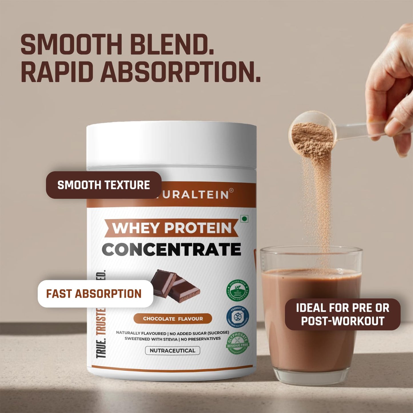 Nuraltein whey protein concentrate with a glass of chocolate protein shake and a scoop of powder.