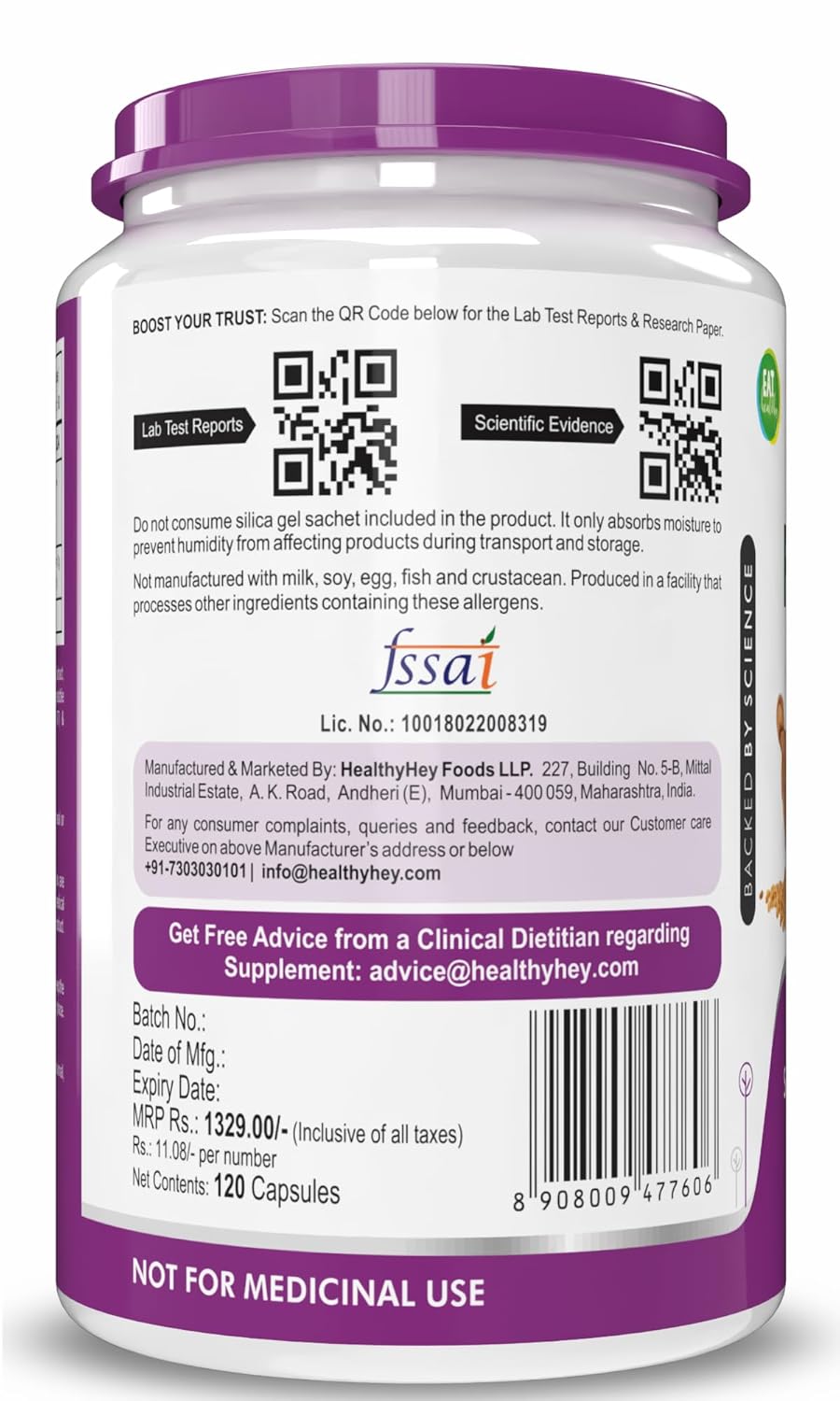Supplement container with purple lid and label on a white background