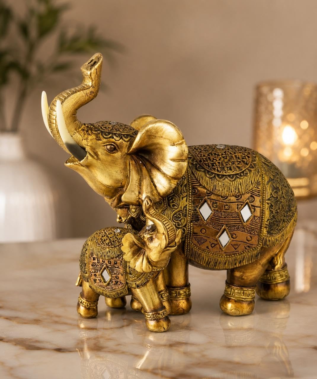 Decorative Elephant Showpiece for Home Décor | Resin Lucky Elephant Statue with Mother & Baby Design | Tabletop Feng Shui Good Luck Idol (Baby Elephant with Mother)