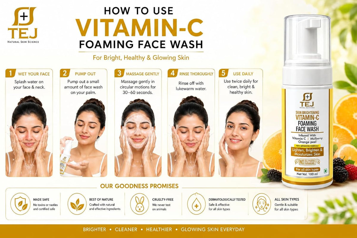TEJ BEAUTY CARE Vitamin C Foaming Face Wash for Gentle Facial Cleansing Brightening and Natural Glow | Daily Refreshing Foam Cleanser for Soft Hydrated Complexion (100 ml)