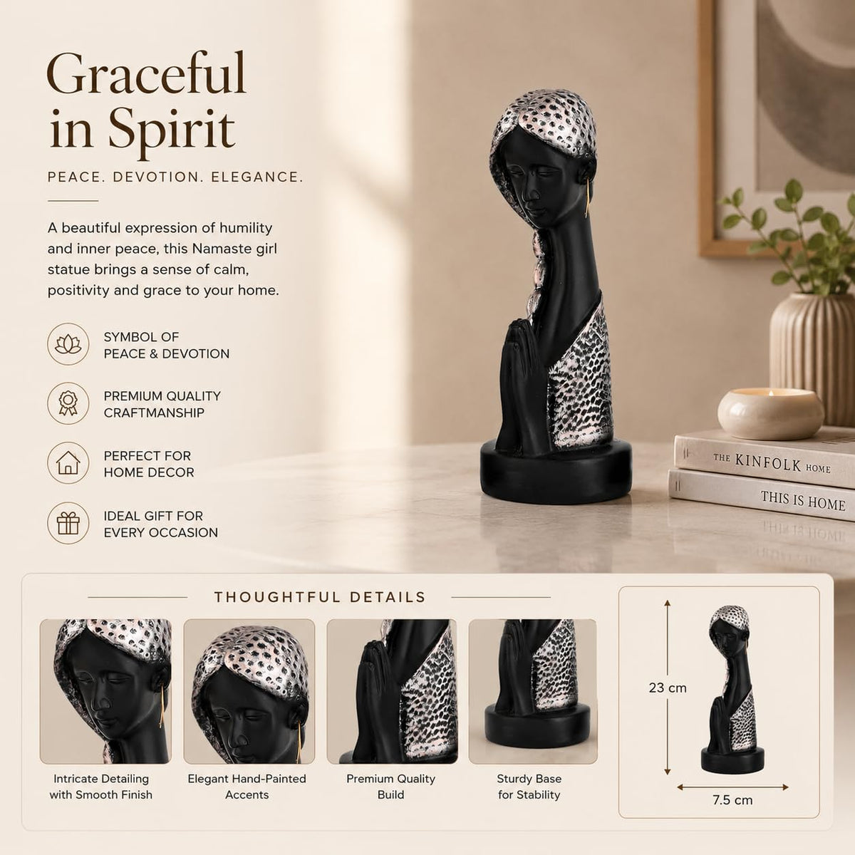 Graceful Resin Namaste Statue of a Girl |Elegant Spiritual Décor (Pack of 1, Black & Silver)