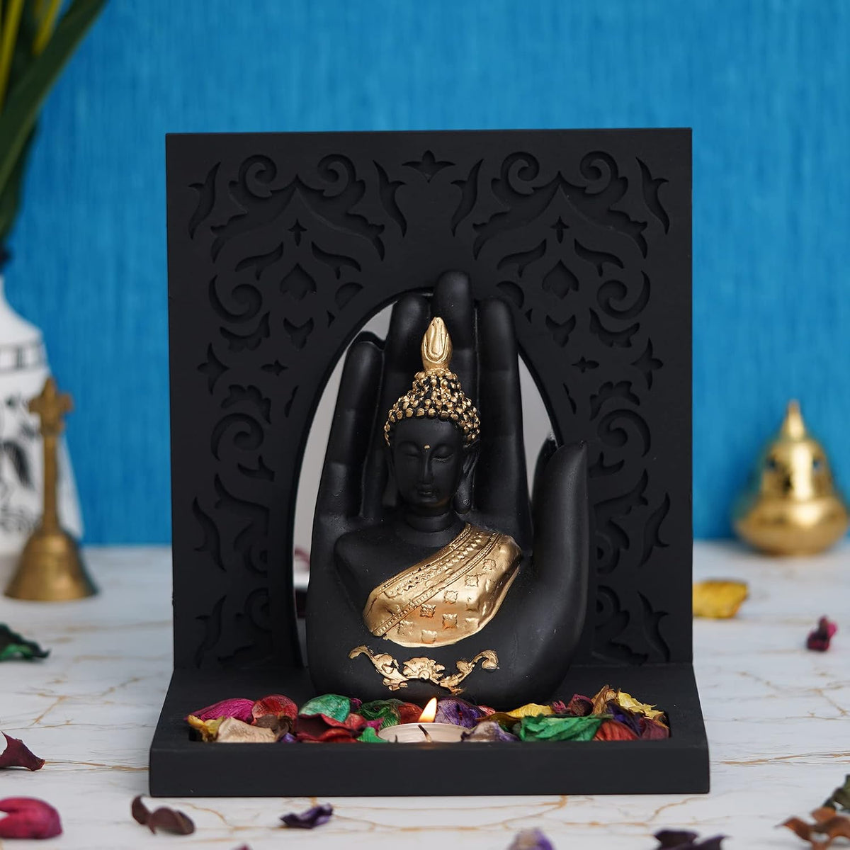 eCraftIndia Gold & Black Polyresin Palm Buddha Showpiece with Rectangle Wooden Base and Background, Fragranced Petals & Tealight