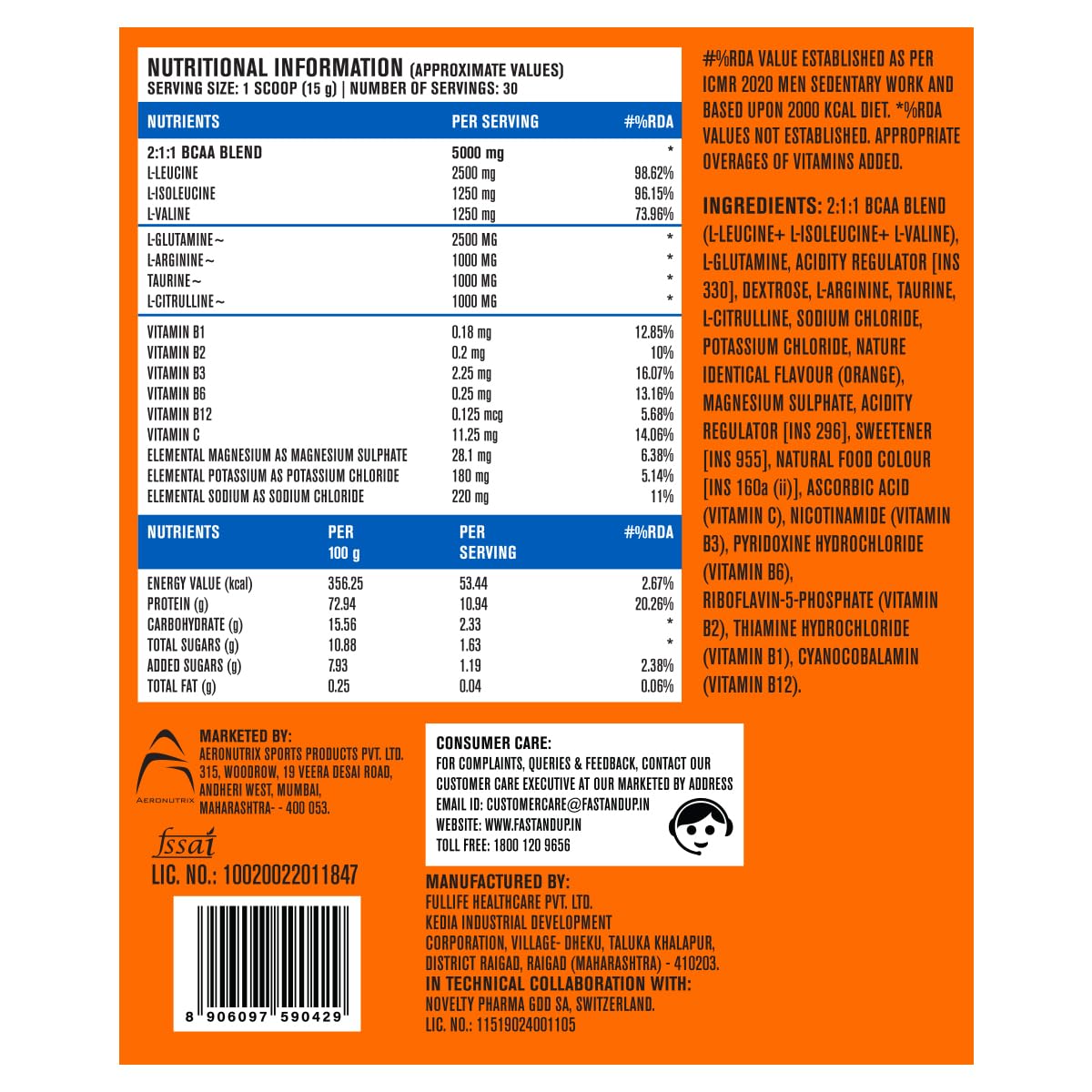 Nutritional information label on a product packaging with an orange and blue color scheme.
