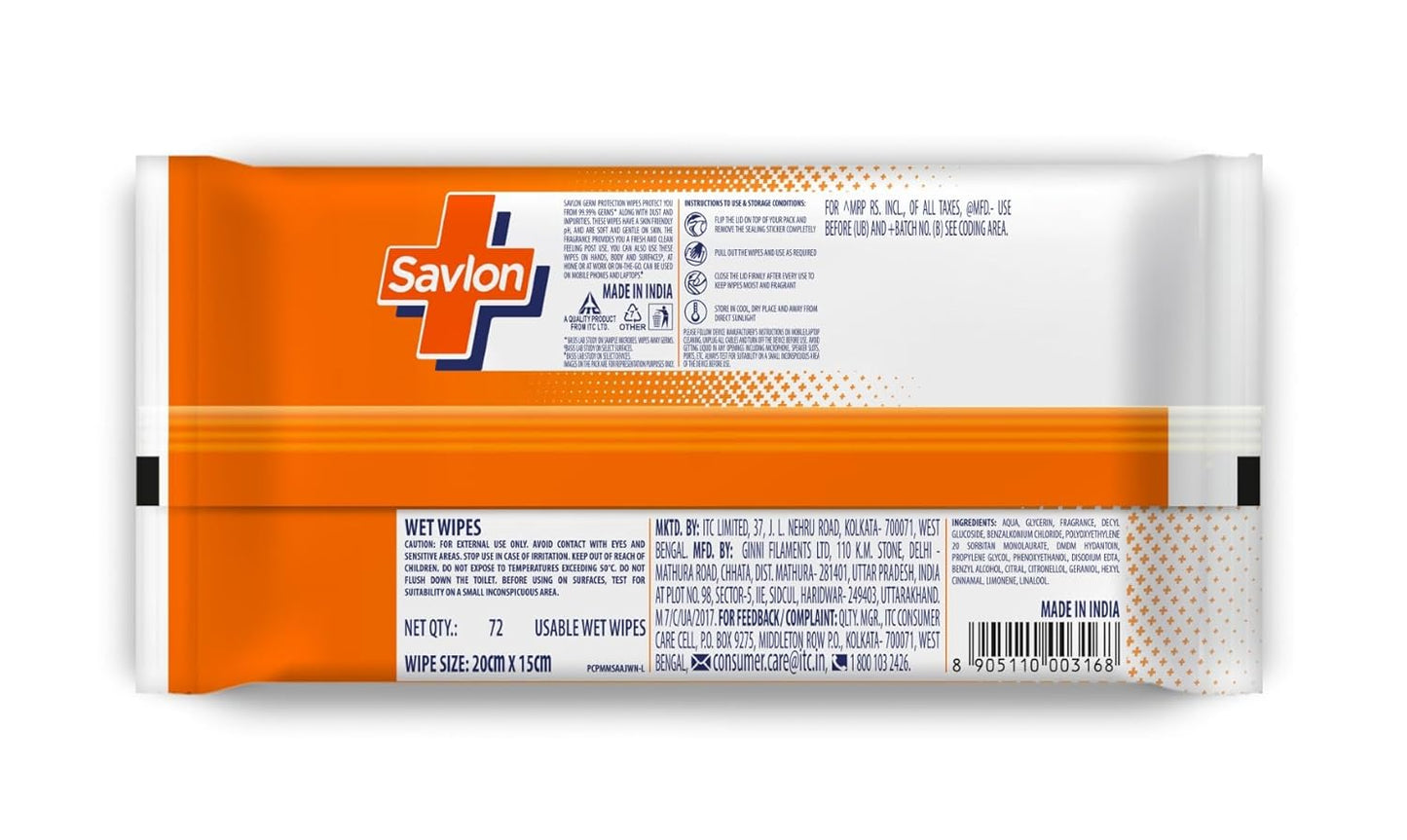 ITC Savlon Germ Protection Multipurpose Thick & Soft Wet Wipes Fliptop Lid 72 Count | Thick & soft | 99.99% Germ Protection | For Skin & Surface | Fresh Fragrance | Pair with Savlon Handwash