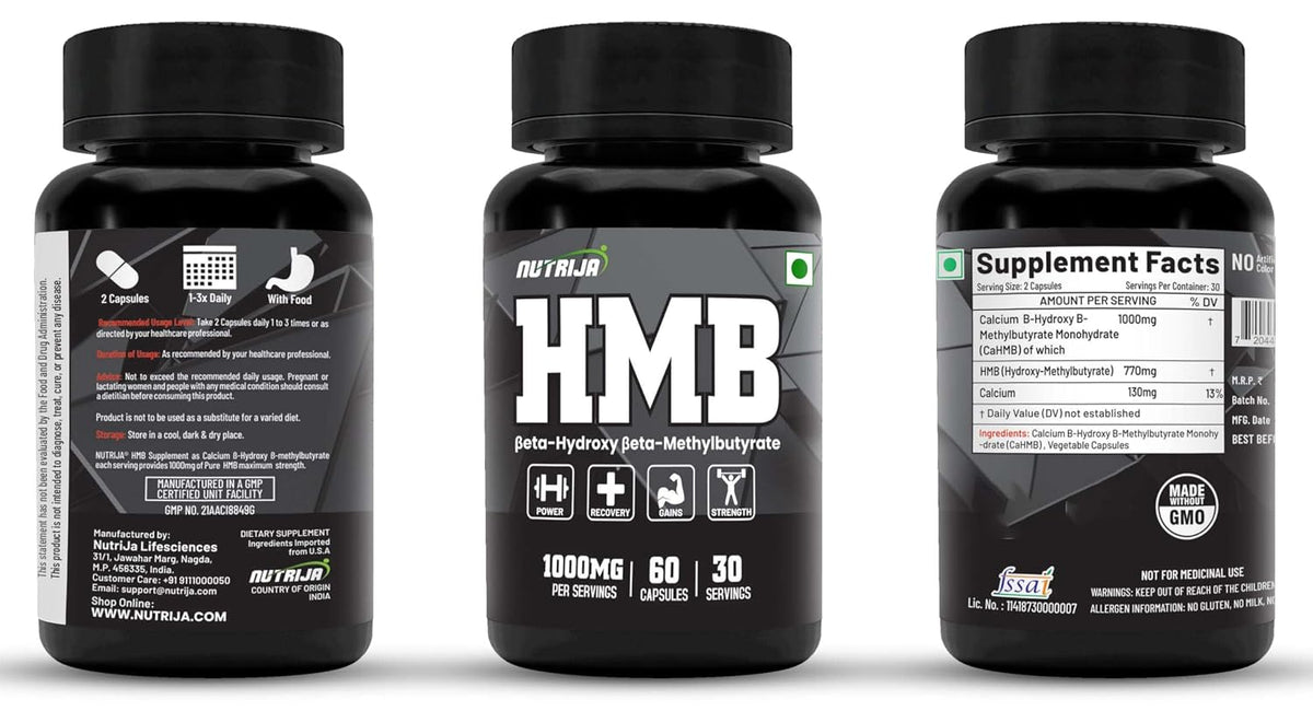 NutriJa HMB 1000MG Capsules | CaHMB Beta-Hydroxy Beta-Methylbutyrate Supplement | Supports Muscle Maintenance, Workout Recovery & Strength Training Routine - 60 Capsules