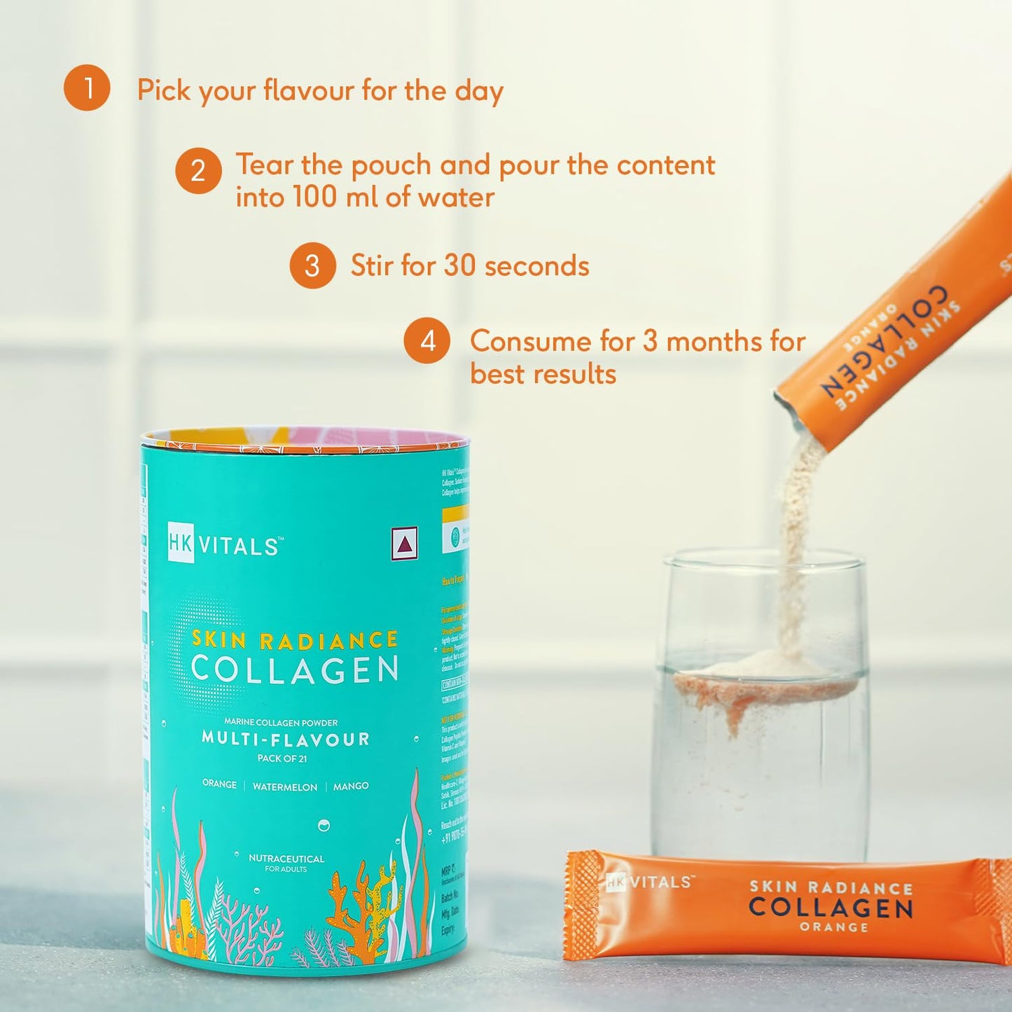 HealthKart hk vitals Marine Collagen Supplements (Multi-Flavour, Pack of 21) |With Biotin, Vitamin C & E | For Healthy Skin, Hair & Nails