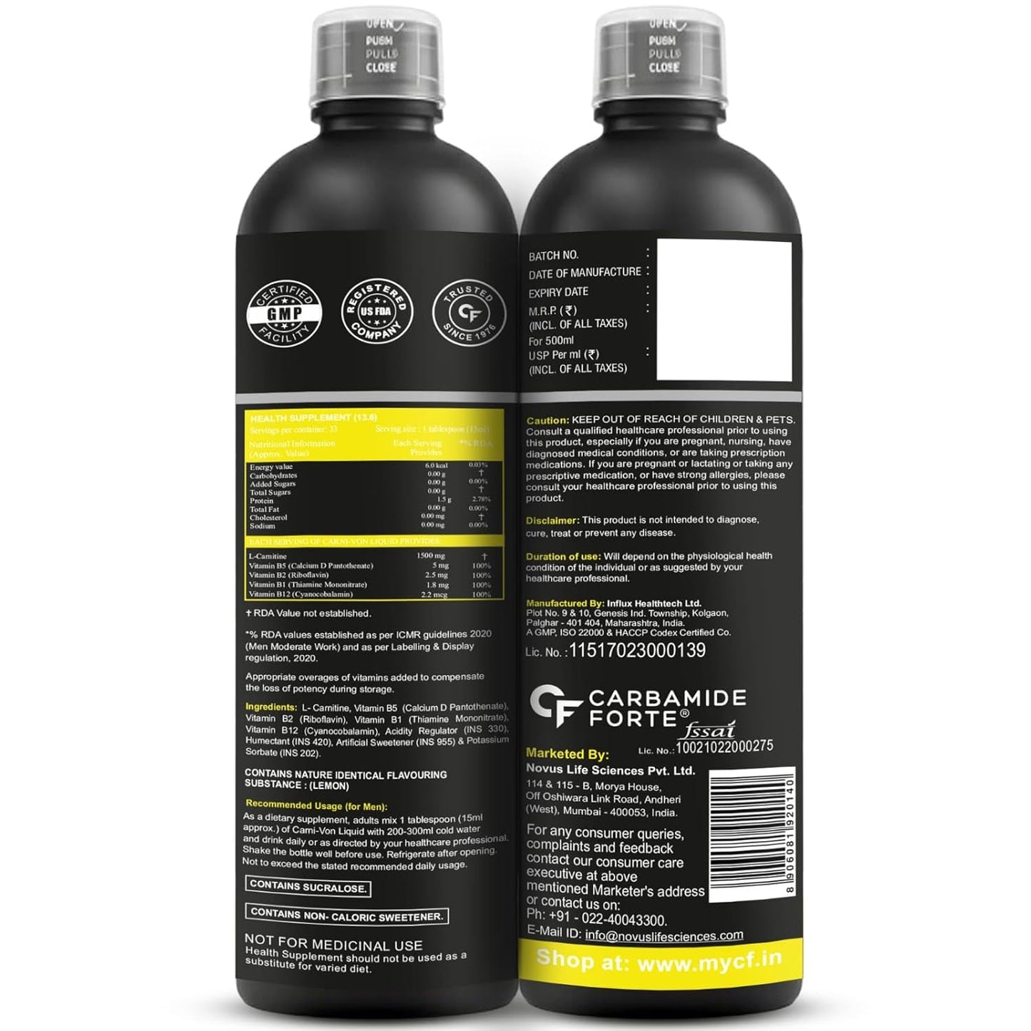 Carbamide Forte L Carnitine Liquid 1500mg | L-Carnitine Liquid With Vitamins | L'Carnitine Supplement For Pre & Post Workout To Suppoer Energy, Recovery & Metobolism | Citrus burst Flavor - 500ml