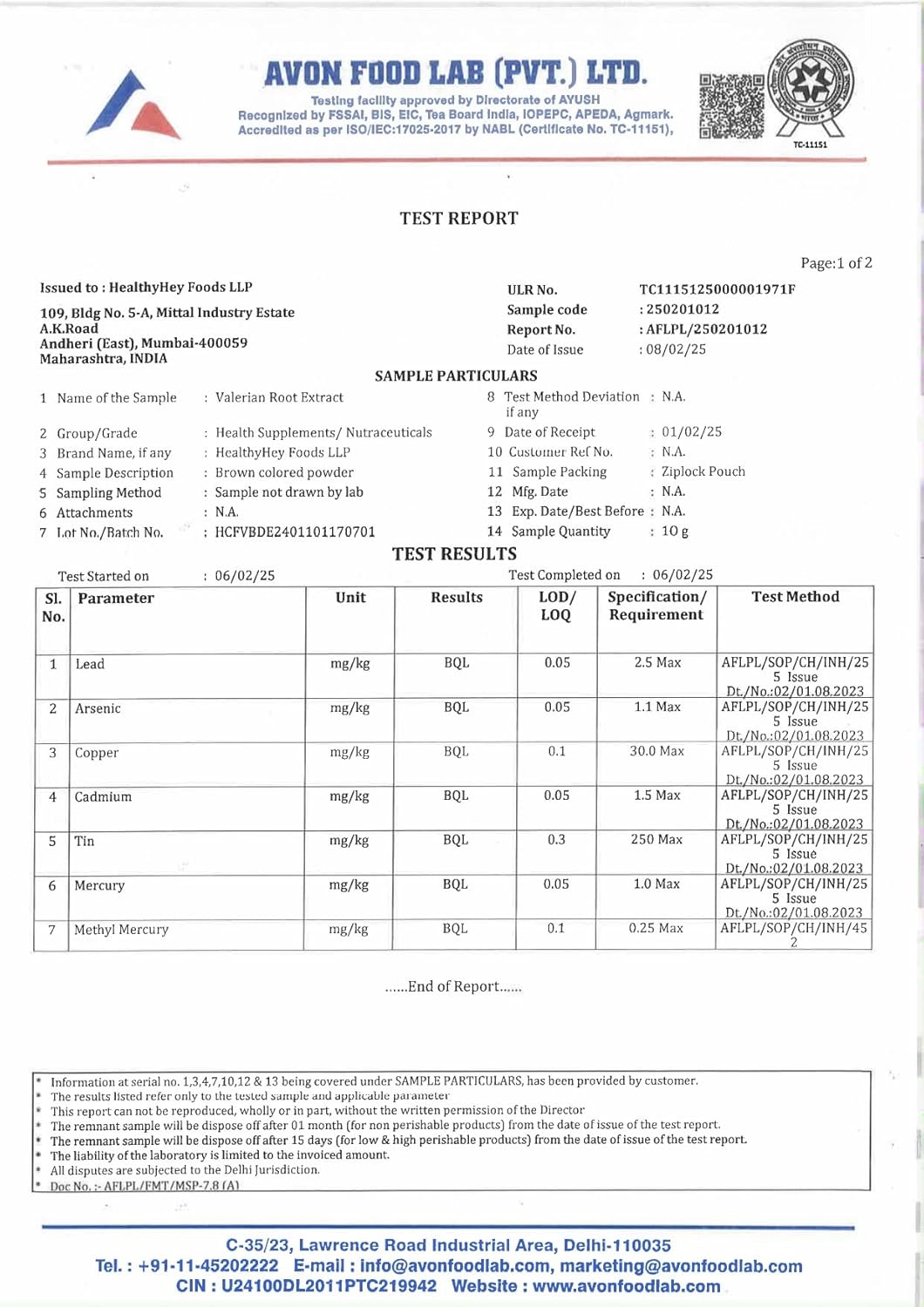 Avon Food Lab test report with sample details and test results.