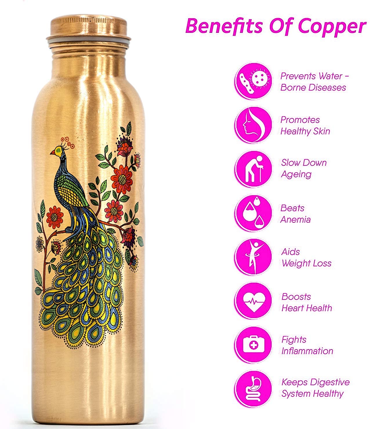 Copper water bottle with peacock design and health benefits listed on a white background