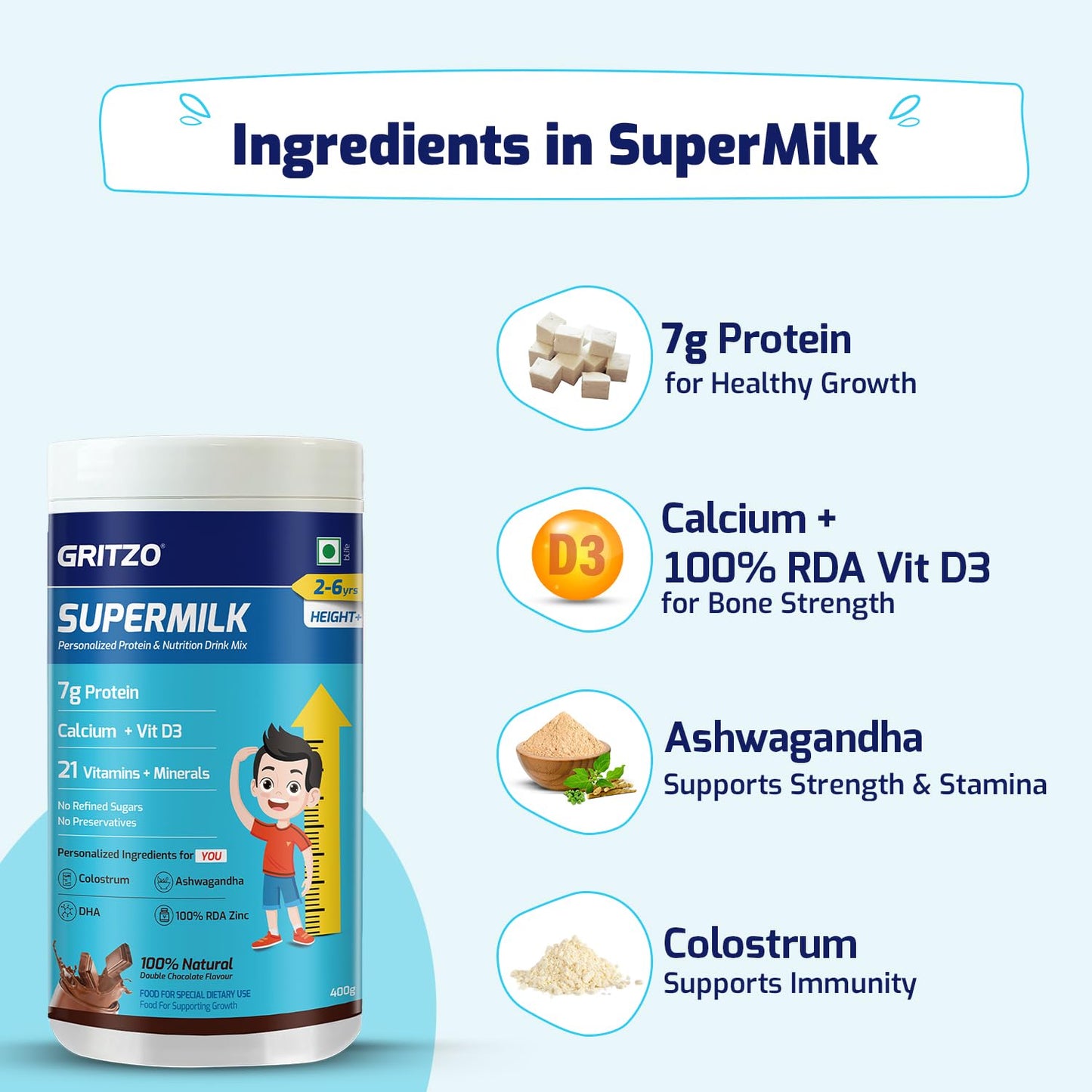 Gritzo SuperMilk Height+ (2-6y), 7g Protein Powder (Double Chocolate, 400g) | Zero Refined Sugar, 21 Vitamins & Minerals