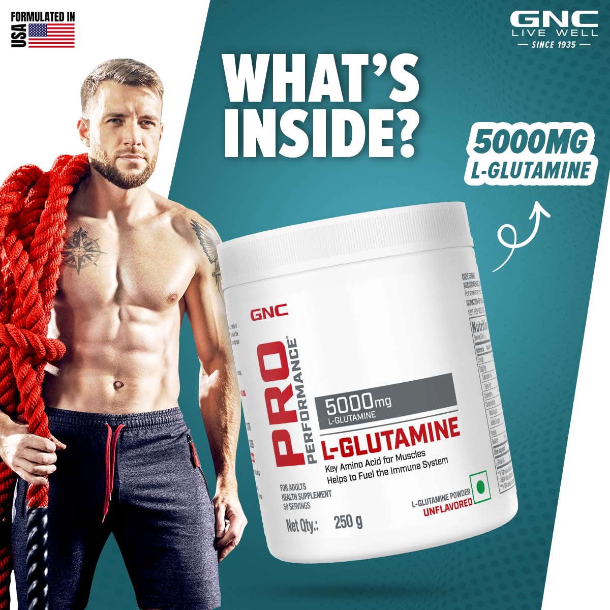 Zephivo GNC Pro Performance L-Glutamine 5000 mg | 250 gm | 50 Servings | Key Amino Acid For Faster Recovery | Boosts Immunity | Supports Intestinal Function | Lactose Free | Zero Gluten | Unflavoured