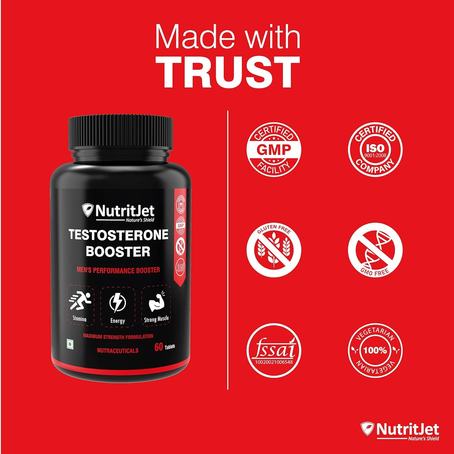 NutritJet Testosterone Booster for Men - Muscle Growth, Strength, Stamina & Performance - 60 Veg Tablets