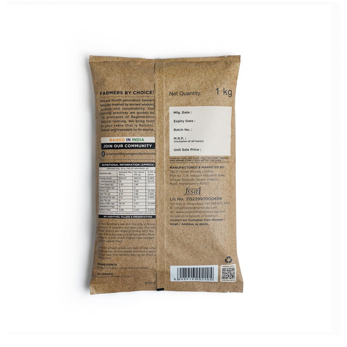Two Brothers Organic Farms - Khapli Wheat Flour (1 kg) | High Dietary Fiber for Easy Digestion | Stoneground Emmer Wheat Flour | Khapli Atta