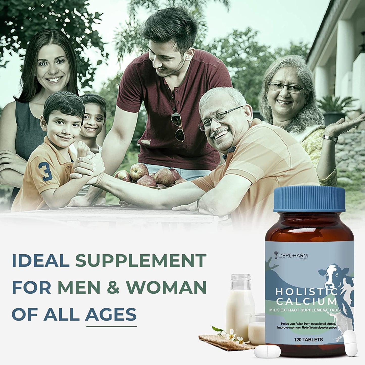 ZEROHARM Holistic Calcium Tablets – High Absorbption Milk-Based Calcium Supplement with Vitamin D3, K2-7, Magnesium, Phosphorous – Supports Bone Strength & Joint Health For Men & Women – 120 Tablets