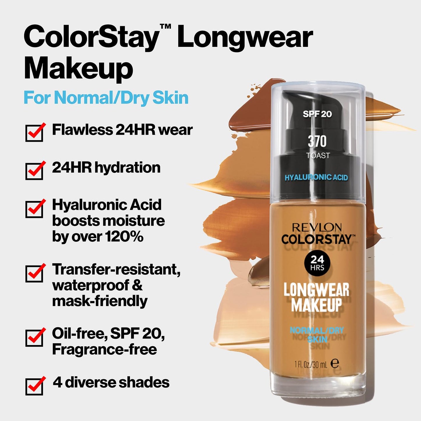 Revlon Liquid Foundation, ColorStay Face Makeup for Normal and Dry Skin, SPF 20, Longwear Medium-Full Coverage with Matte Finish, Oil Free, Toast, 1 Ounce