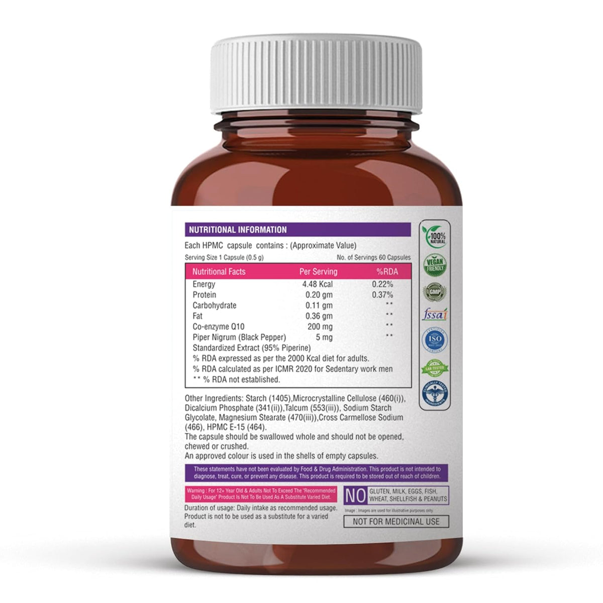 Supplement bottle with a detailed label on a white background
