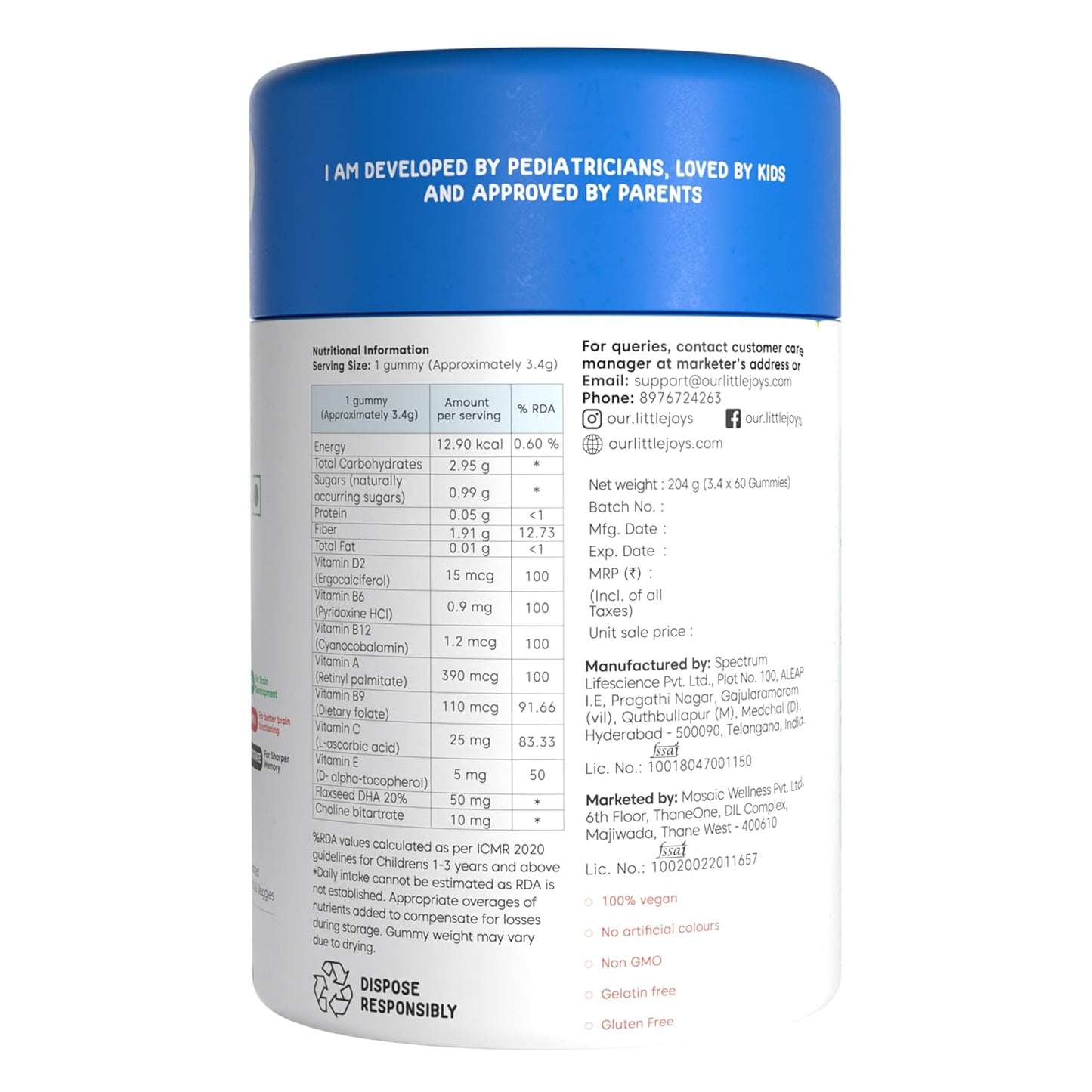 Little Joys DHA Brain Health Gummies For Kids | 2-6 years | 60 Day Pack | Improved Concentration, Mood & Sleep | Packed With 8 Vitamins & Minerals | Multivitamin Gummies For Kids With No Added Sugar