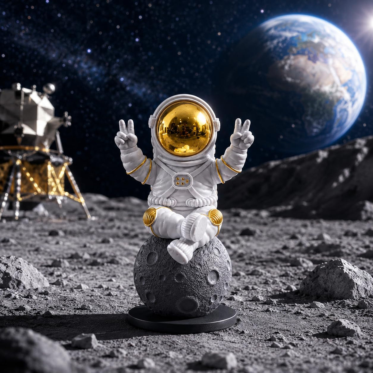 Astronaut Figurine Showpiece for Home Décor, Office Desk, Car Dashboard & Table Decoration | Space Astronaut Statue Collectible Gift for Home, Room & Workspace (Sitting on Moon Golden Large)