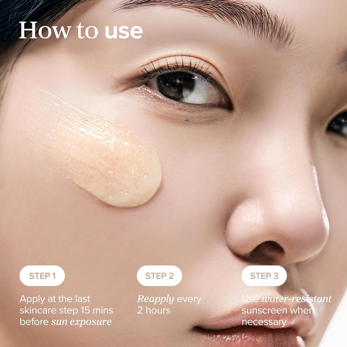 Close-up of a person's face with cosmetic product application steps displayed.