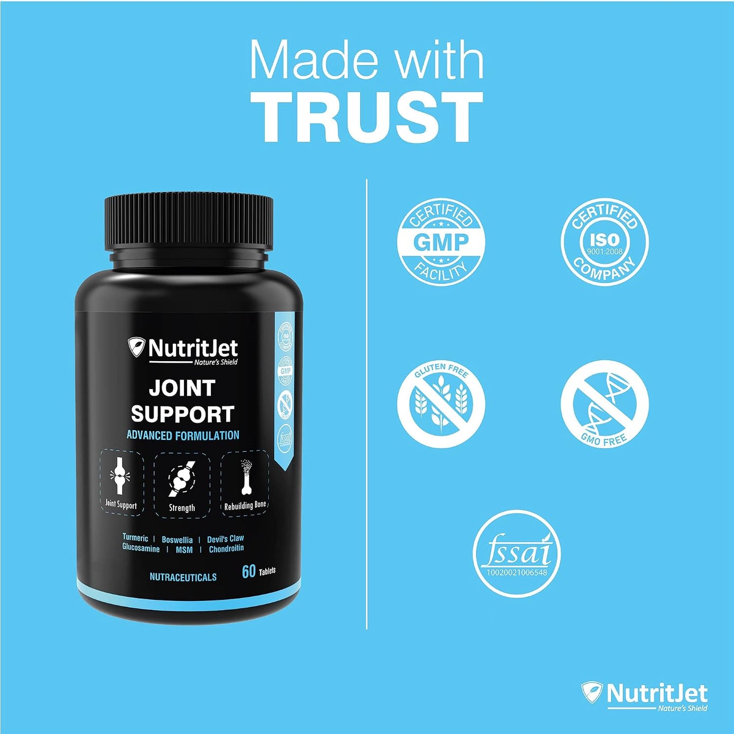 NutritJet Joint Support Supplement with Glucosamine, Chondroitin, MSM for Cartilage & Joint and Bone - 60 Tablets