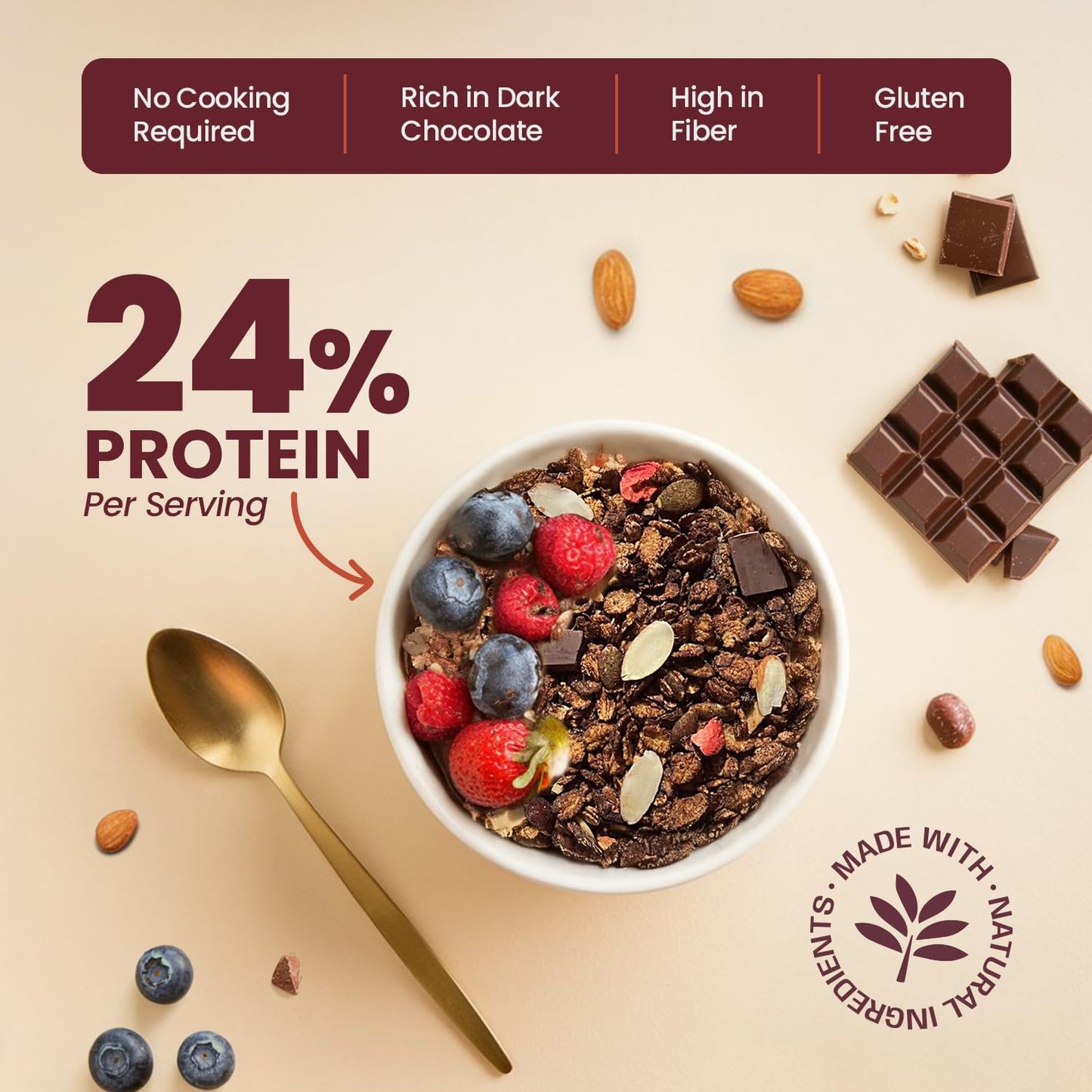 Pintola High Protein Muesli Dark Chocolate & Cranberry 400g, 24g Protein, High Fibre, Trans Fat Free with Brown Sugar, Real Fruits, Muesli for Breakfast Food, Muselies Fruit Nuts and Seeds (400g)