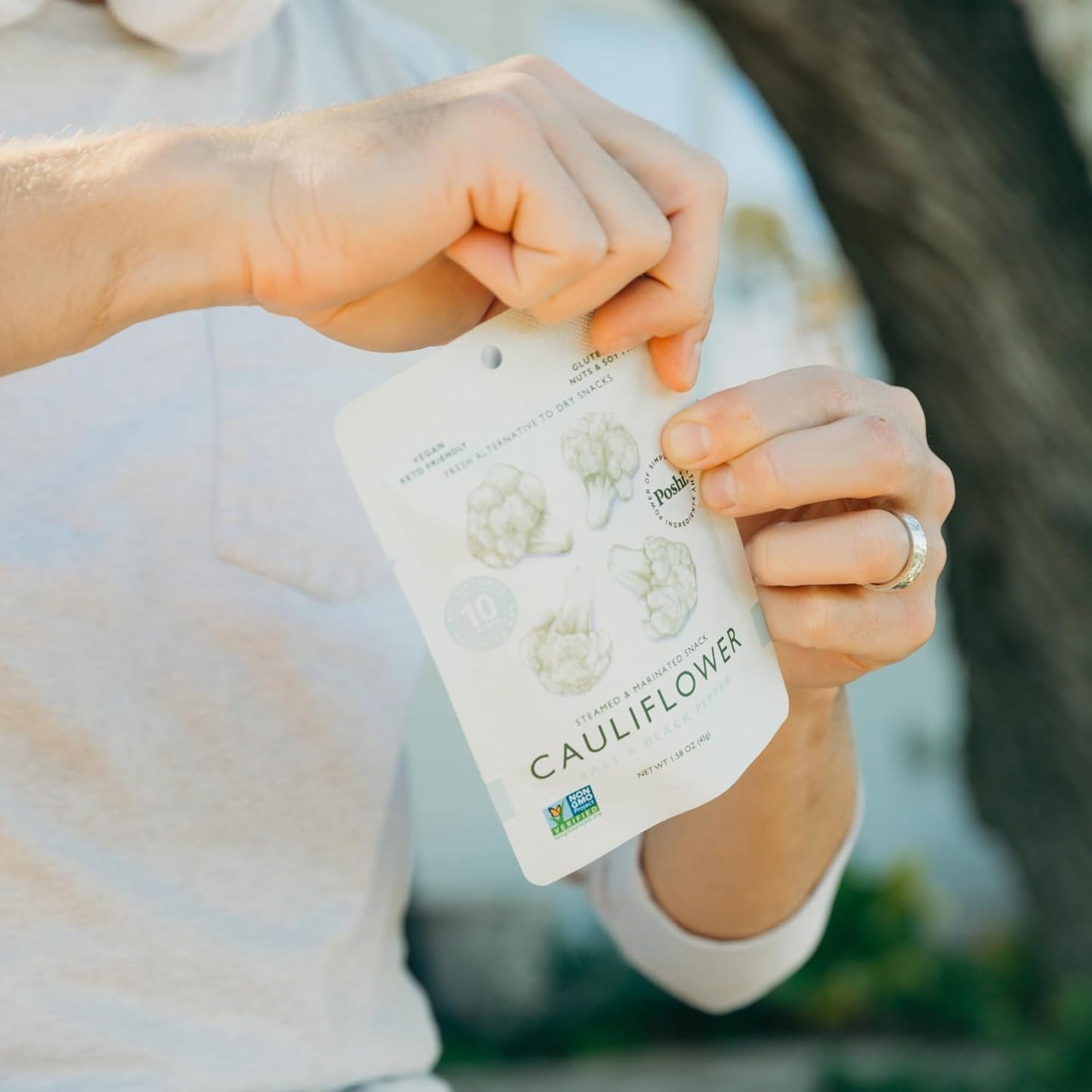 POSHI Marinated Cauliflower Florets Snack Pack | Salt + Pepper | Keto, Vegan, Paleo, Non GMO, Low Carb + Calorie, Gluten Free, Fully Cooked Vegetables, Gourmet, Healthy, All Natural (1.58 oz)