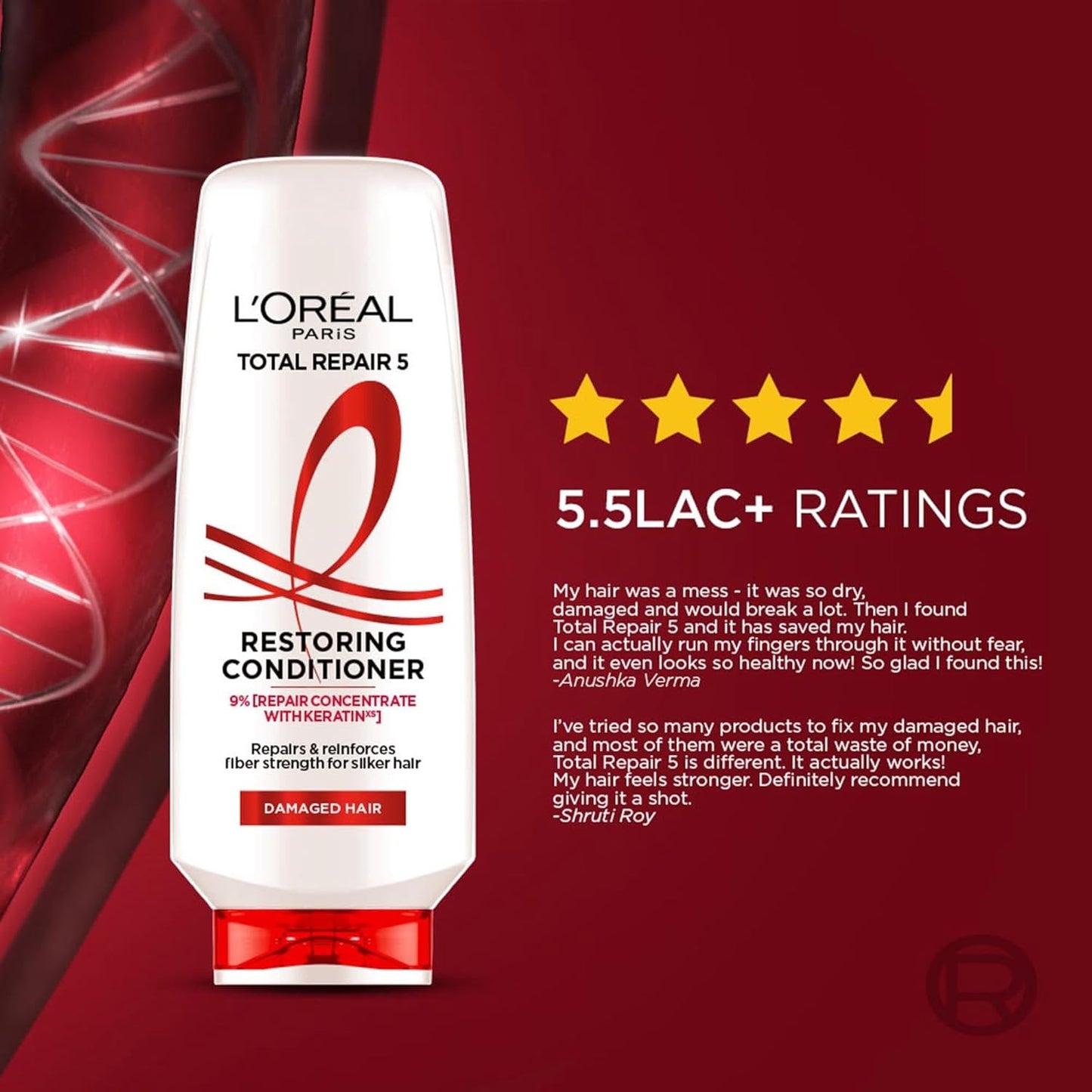 L'Oreal Paris Total Repair 5 Conditioner For Damaged and Weak Hair Powered by Keratin XS Technology,175ml