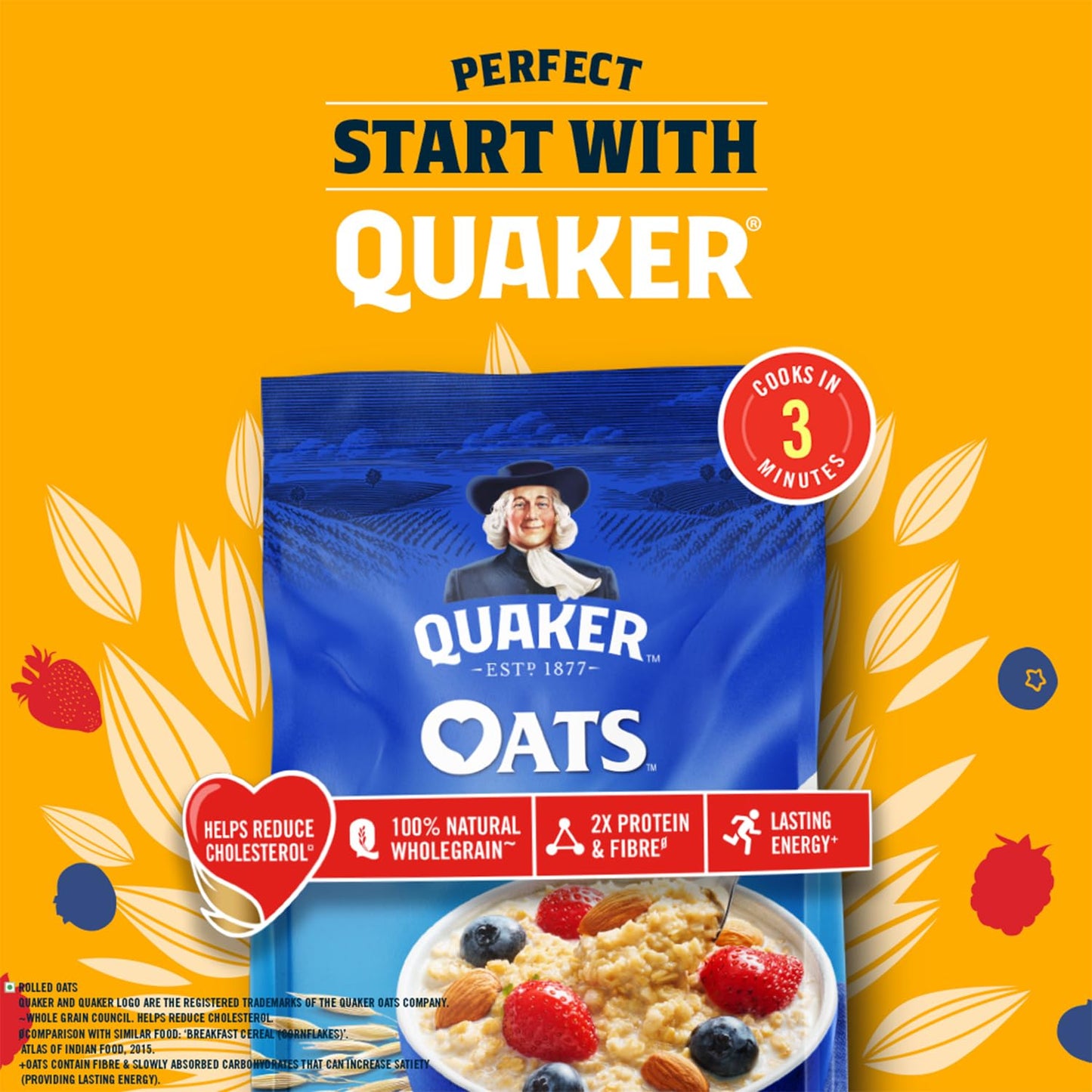 Quaker Oats 1Kg, Rolled Oats Natural Wholegrain, Nutritious Breakfast Cereals, Dalia Porridge, Easy To Cook, Honey