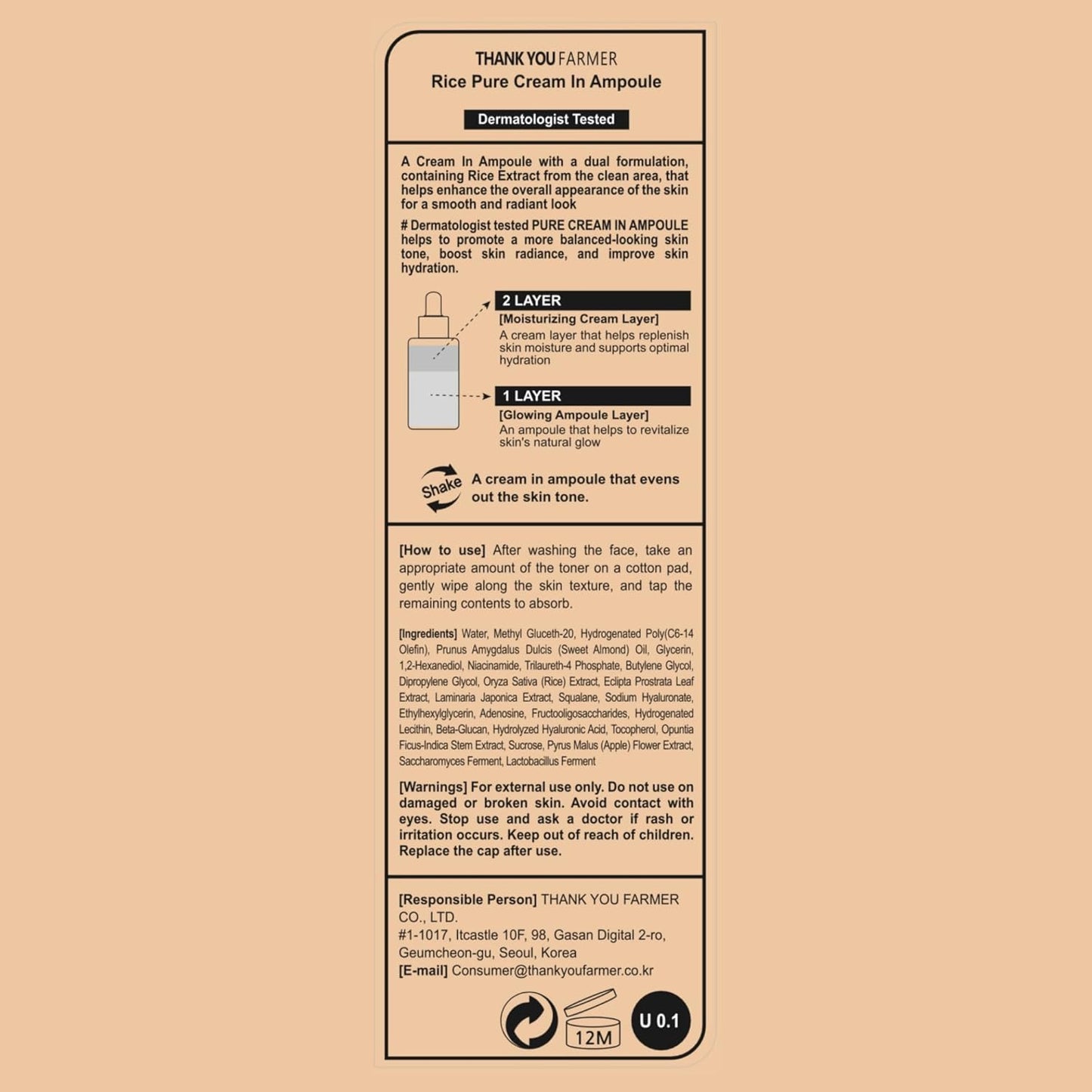 THANKYOU FARMER Rice Pure Cream In Ampoule (50ml) Brightening Rice Face Serum, Deep Hydration & Glow Enhancing Cream Serum for All Skin Types, Moisture Locking & Brightening Serum
