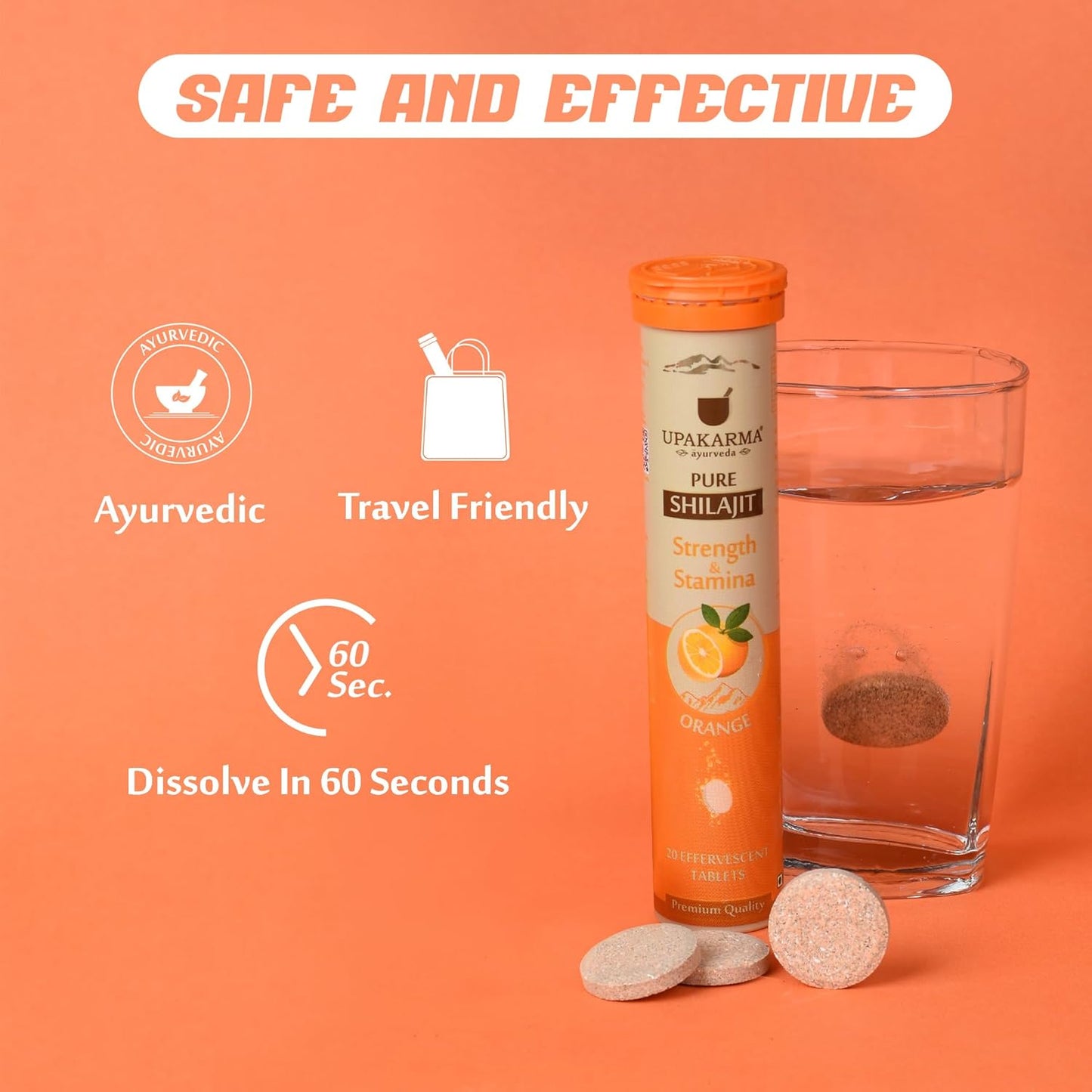 UPAKARMA Shilajit Orange Flavour Effervescent - 20 Tablets | Helps to Boost Strength & Stamina | Travel Friendly & Lab Tested | Dissolve in 60 Sec, Pack of 1