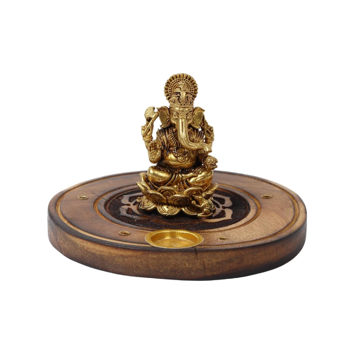 Brass Ganesha Idol on Wooden Base for Home Temple & Desk | Lord Ganesh Murti | Ganpati Idol for Spiritual Home Decor (Design01: L10 x W10 x H6 cm)