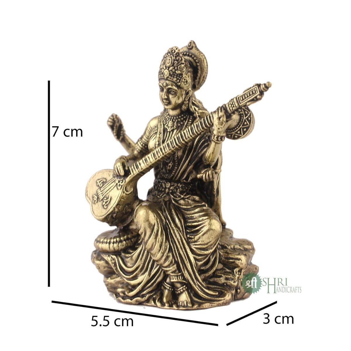Handcrafted Brass Goddess Saraswati Statue for Home Temple | 3" Maa Saraswati Figurine Idol Murti Symbol of Learning & Creativity (Weight- 80gm)