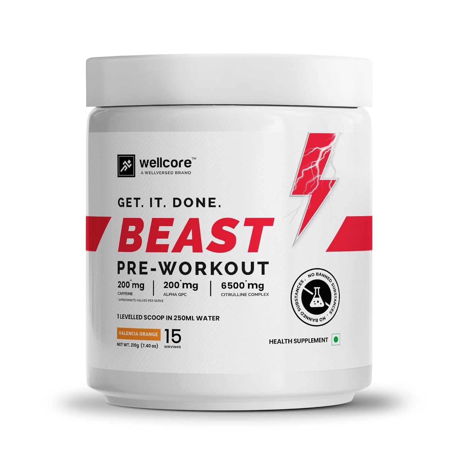 Wellcore-Beast Mode Pre Workout Supplement Powder(210G,15 Servings) Valencia Orange Pre Workout For Men&Women With 200 Mg Alpha Gpc 200 Mg Caffeine 6500Mg Citrulline Complex 1000Mg Creatine
