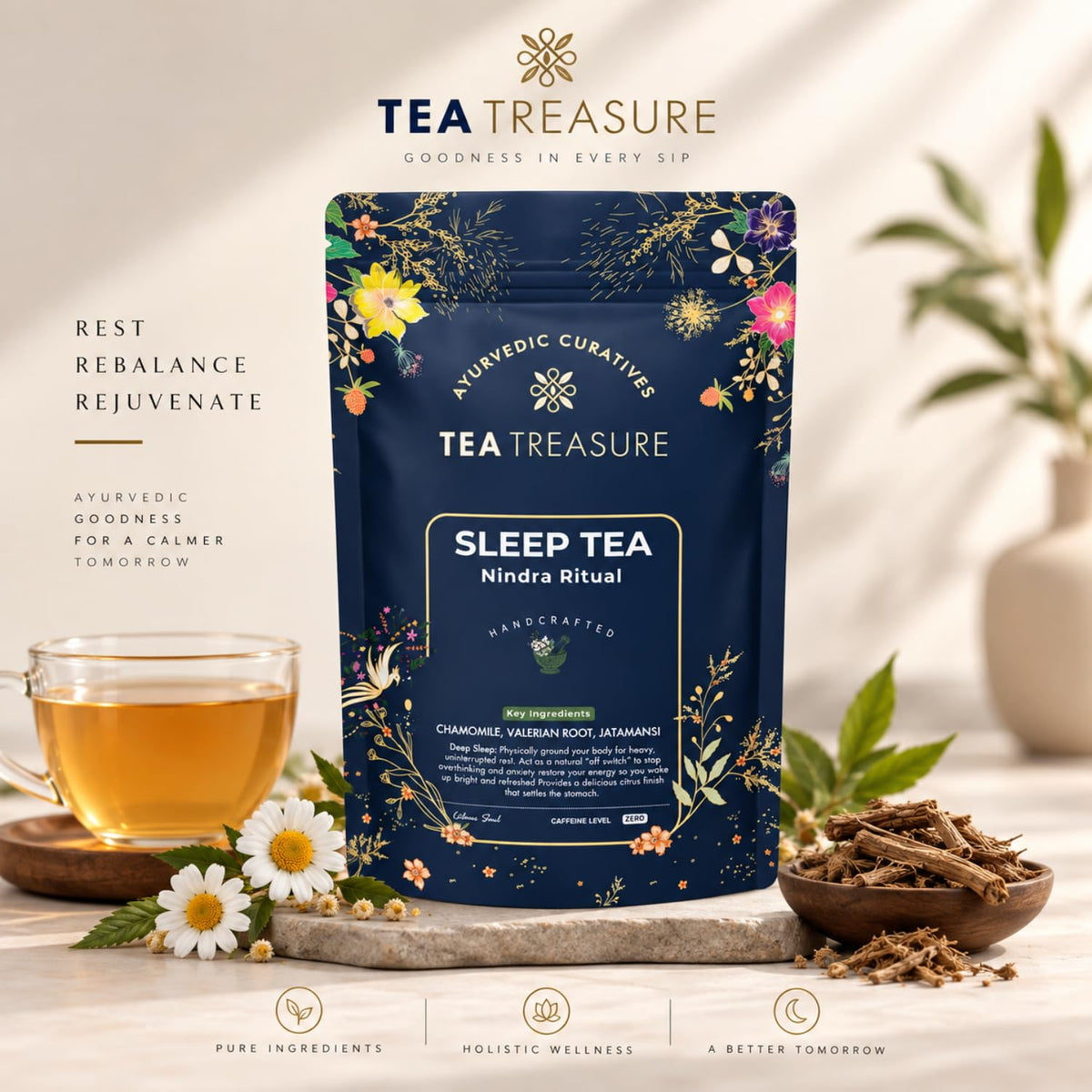 Tea Treasure Sleep Tea Nindra Ritual - 100g | Caffeine-Free Herbal Tea | Chamomile, Valerian Root & Jatamansi | Calming Bedtime Relaxation, Stress Relief & Better Sleep Routine Support