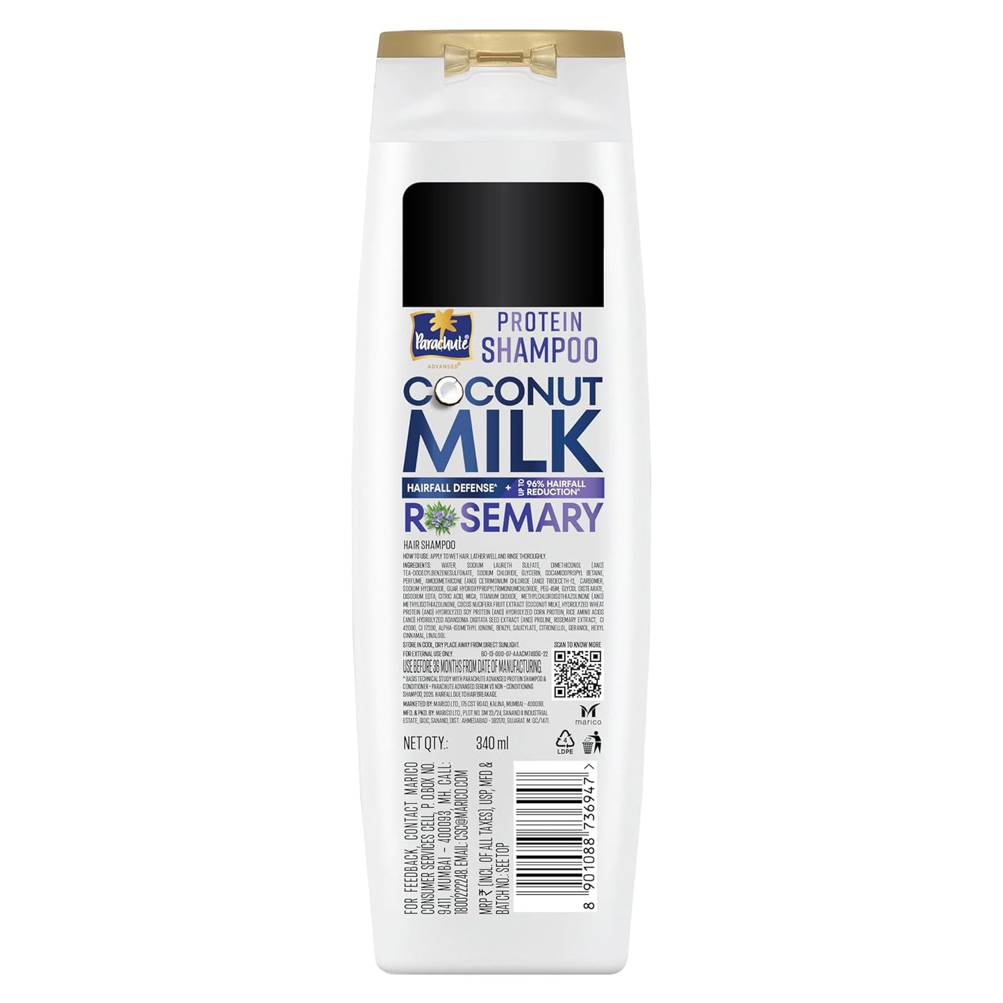 Parachute Advansed Protein Shampoo with Coconut Milk & Rosemary | Up to 96% Hair Fall Reduction & up to 23X Hair Fall Control | Protein Lock Technology | Paraben free | For Men & Women | 340ml