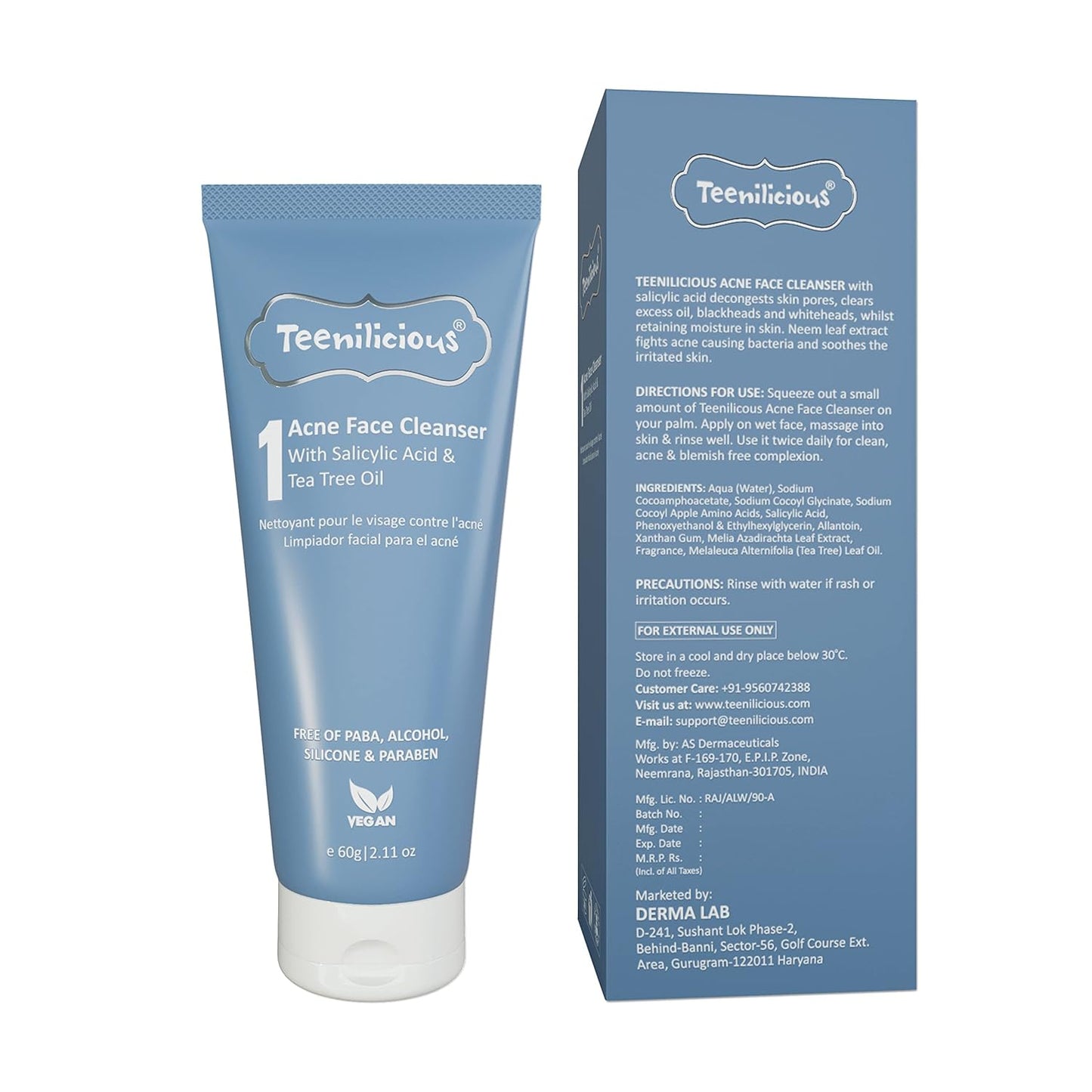 Teenilicious Acne Face Cleanser With 1.5% Salicylic Acid & Tea Tree Oil | Acne Face Cleanser For Men & Women | Face Cleanser For Blackheads & Whiteheads | For Oily Skin To Clear Skin Pores - 60gm
